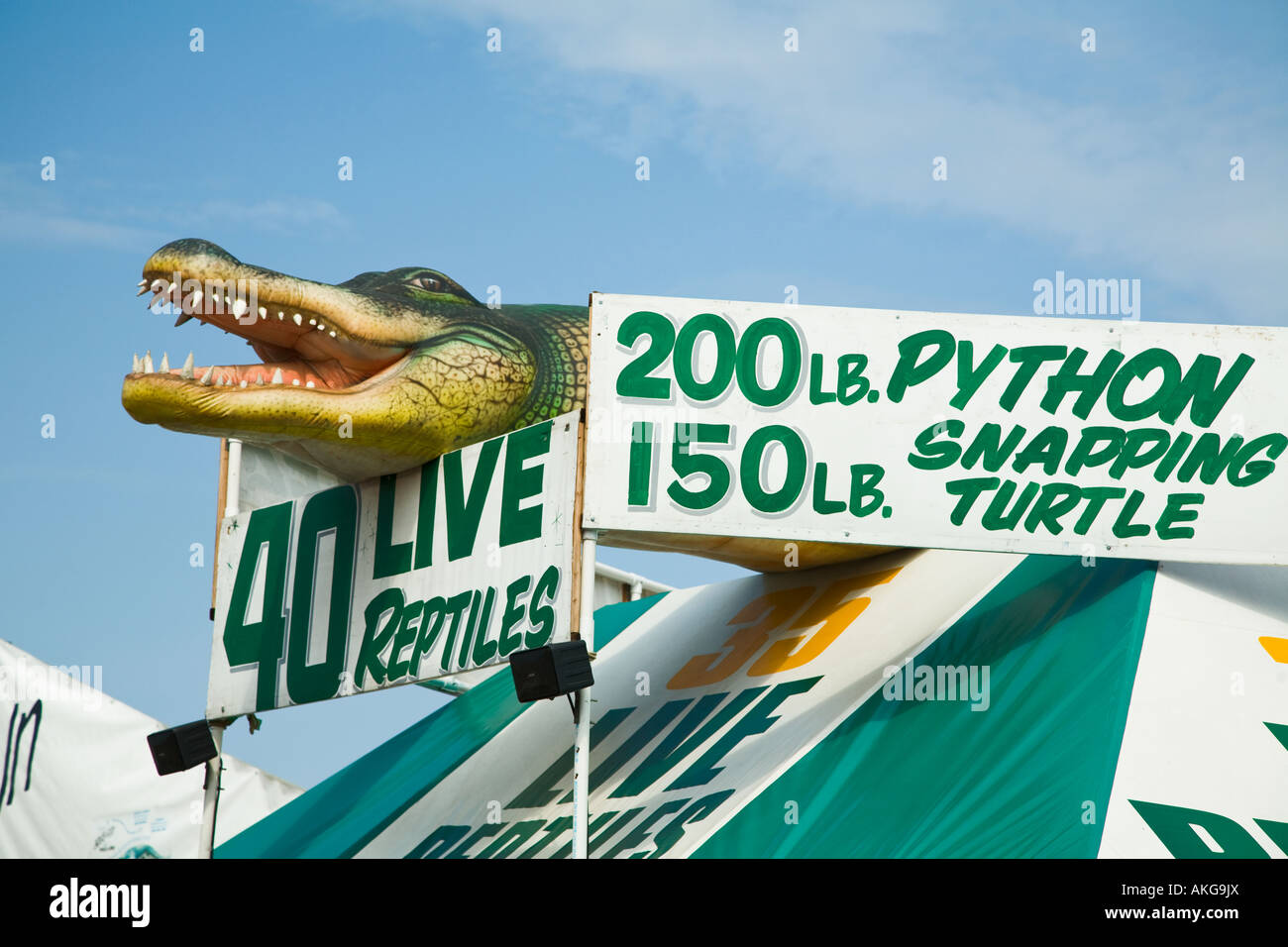 Milwaukee WISCONSIN alligator en plastique au sommet de stand avec des signes 40 Reptiles vivants 200 pound python Banque D'Images