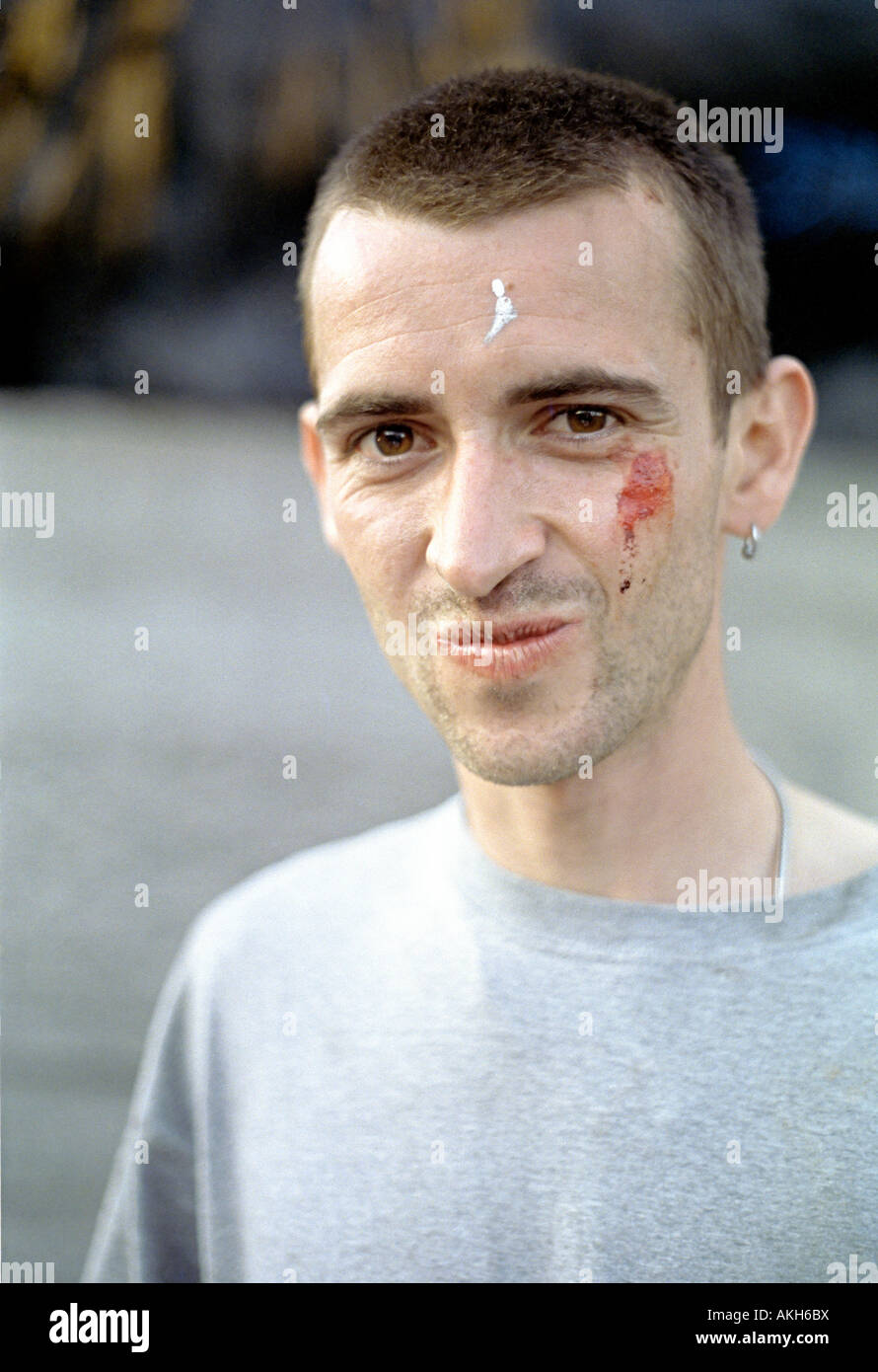 Les protestataires à mai 1999 jour d'émeutes à Trafalgar Square Banque D'Images