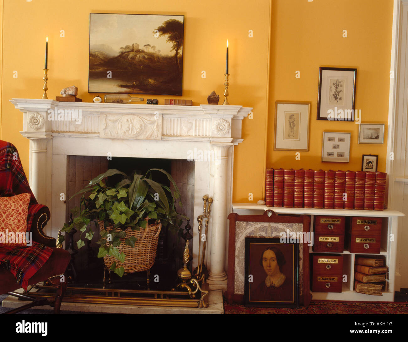Peinture à l'huile sur mur au-dessus de la cheminée de marbre blanc en jaune salon avec leatherbound livres sur étagères basses Banque D'Images