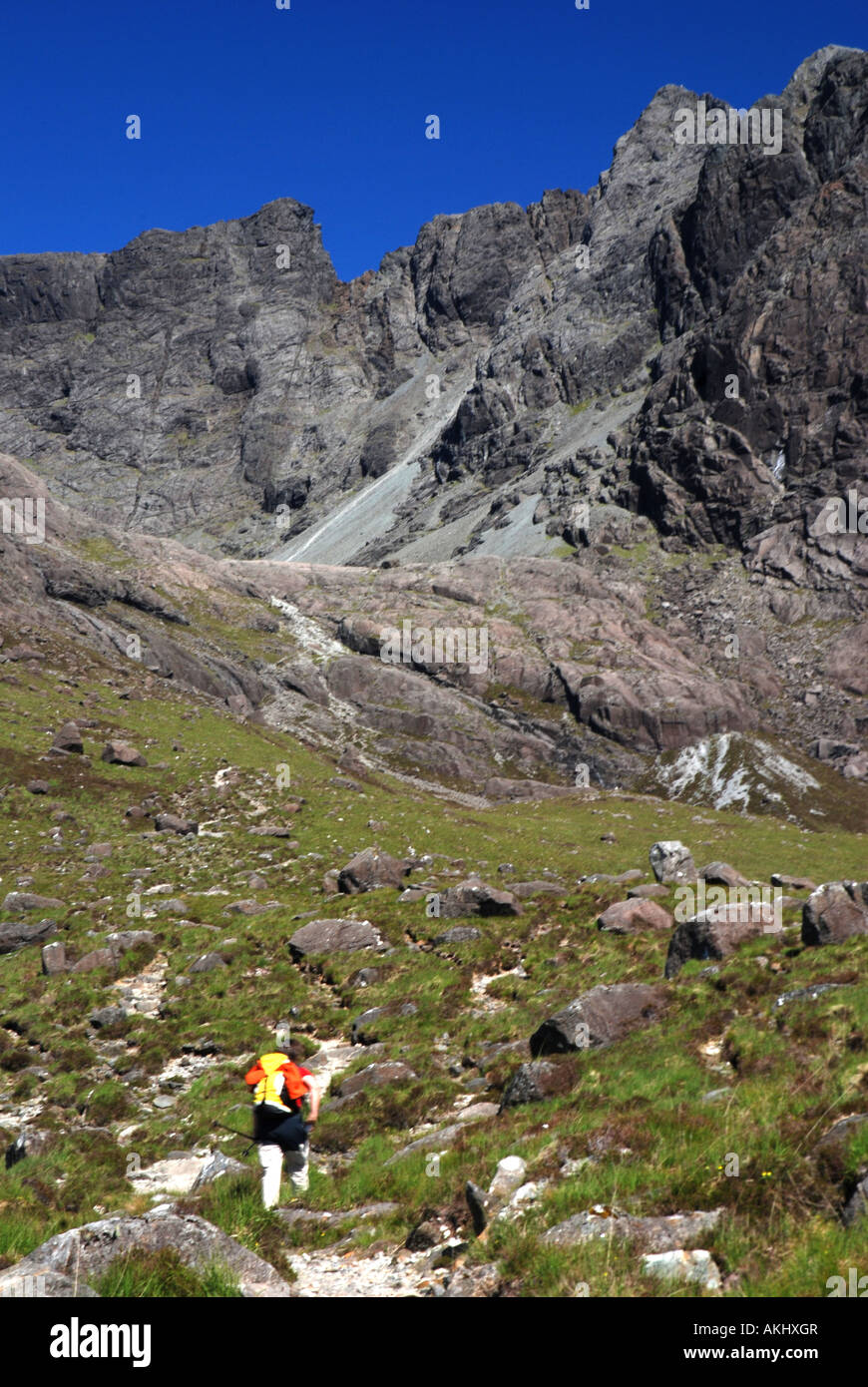 Randonneur en Coire Lagan valley, Sgurr Dearg, which Migh deter, Choinnich Cuillin hills, île de Skye, Hébrides intérieures, Ecosse Banque D'Images