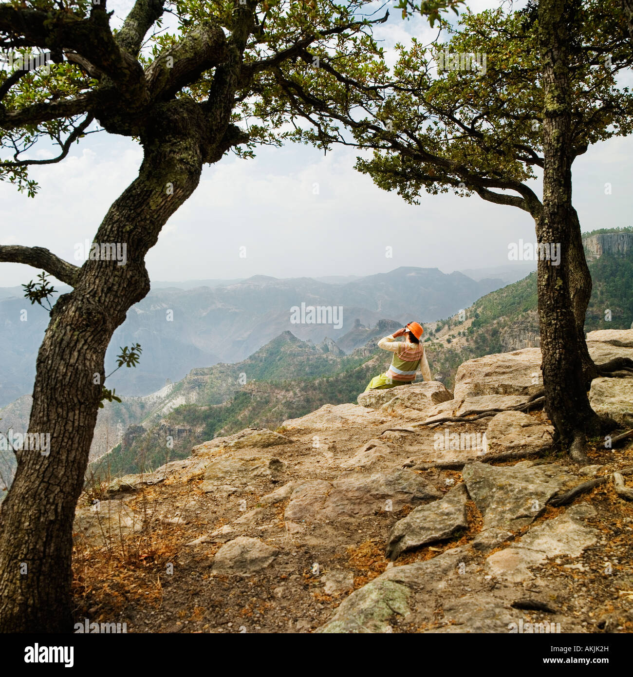 Woman talking on mobile phone sur le haut de gamme de montagne chihuahua Mexique copper canyon Banque D'Images