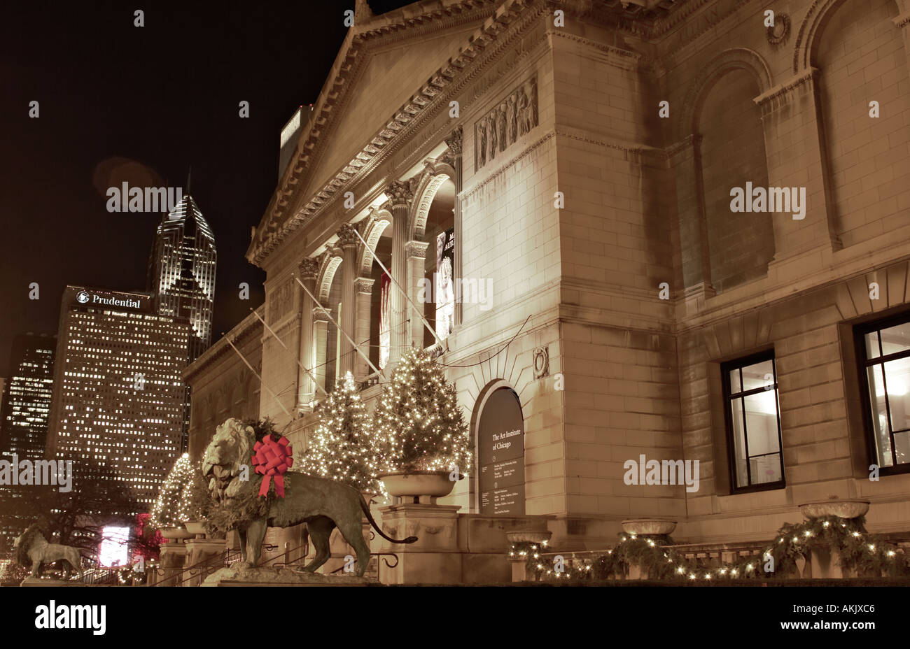 Nuit Chicago Illinois lion de bronze statue avec ruban rouge à l'extérieur de l'Institut d'art maison de lumières et de décorations Banque D'Images