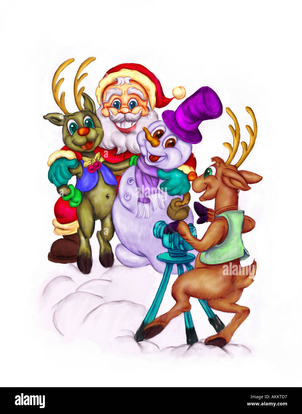 Illustration du Père Noël, un bonhomme de neige, renne et obtenir leur photo prise. Banque D'Images