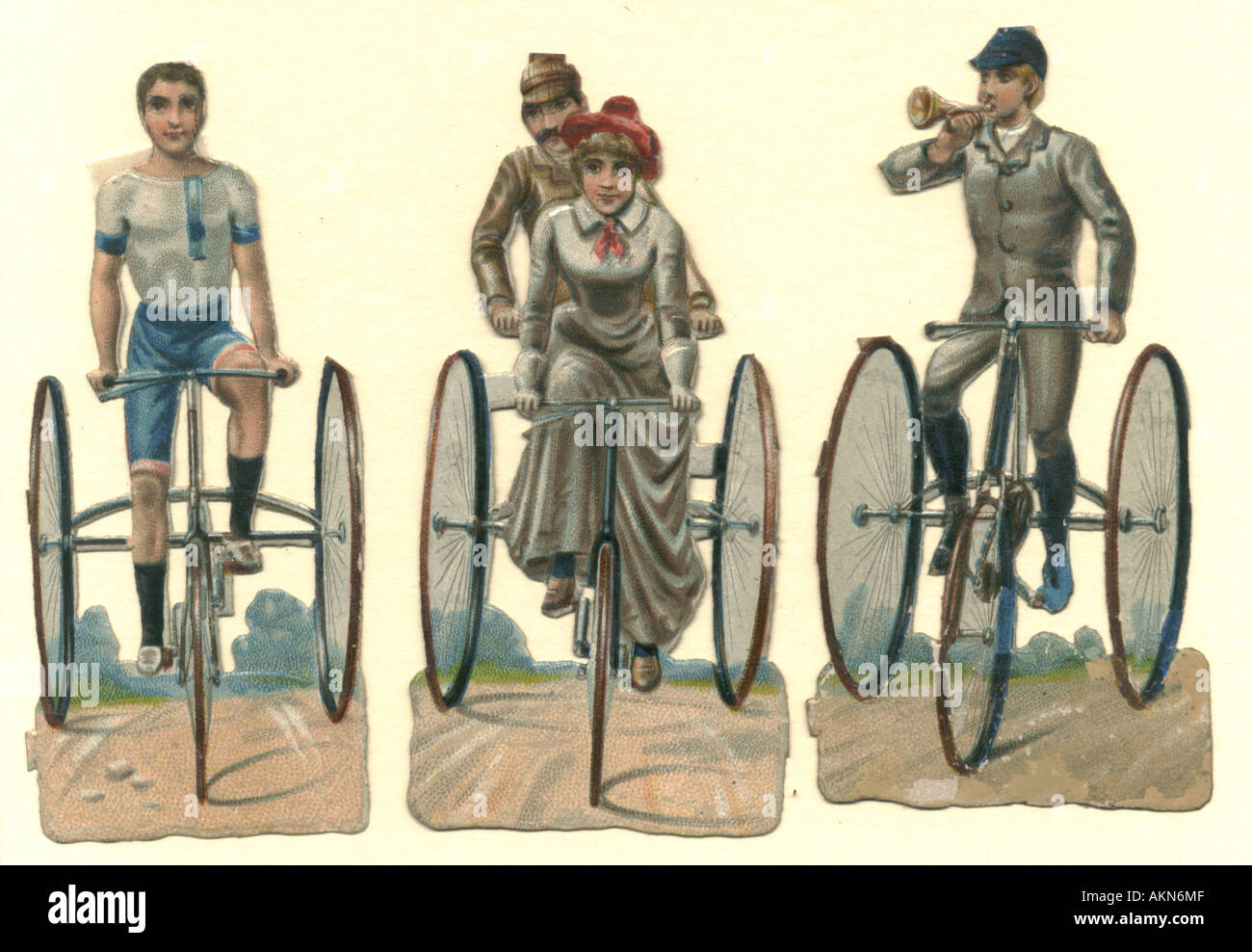 Chromolithographed die cut morceaux de tricycling vers 1875 Banque D'Images