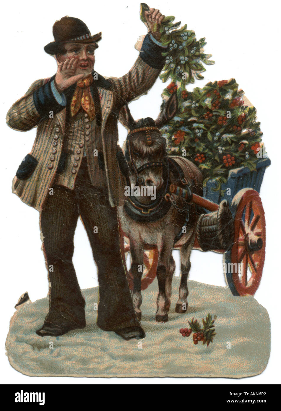 Chromolithographed die cut débris de houx et de gui vendeur vers 1880 Banque D'Images