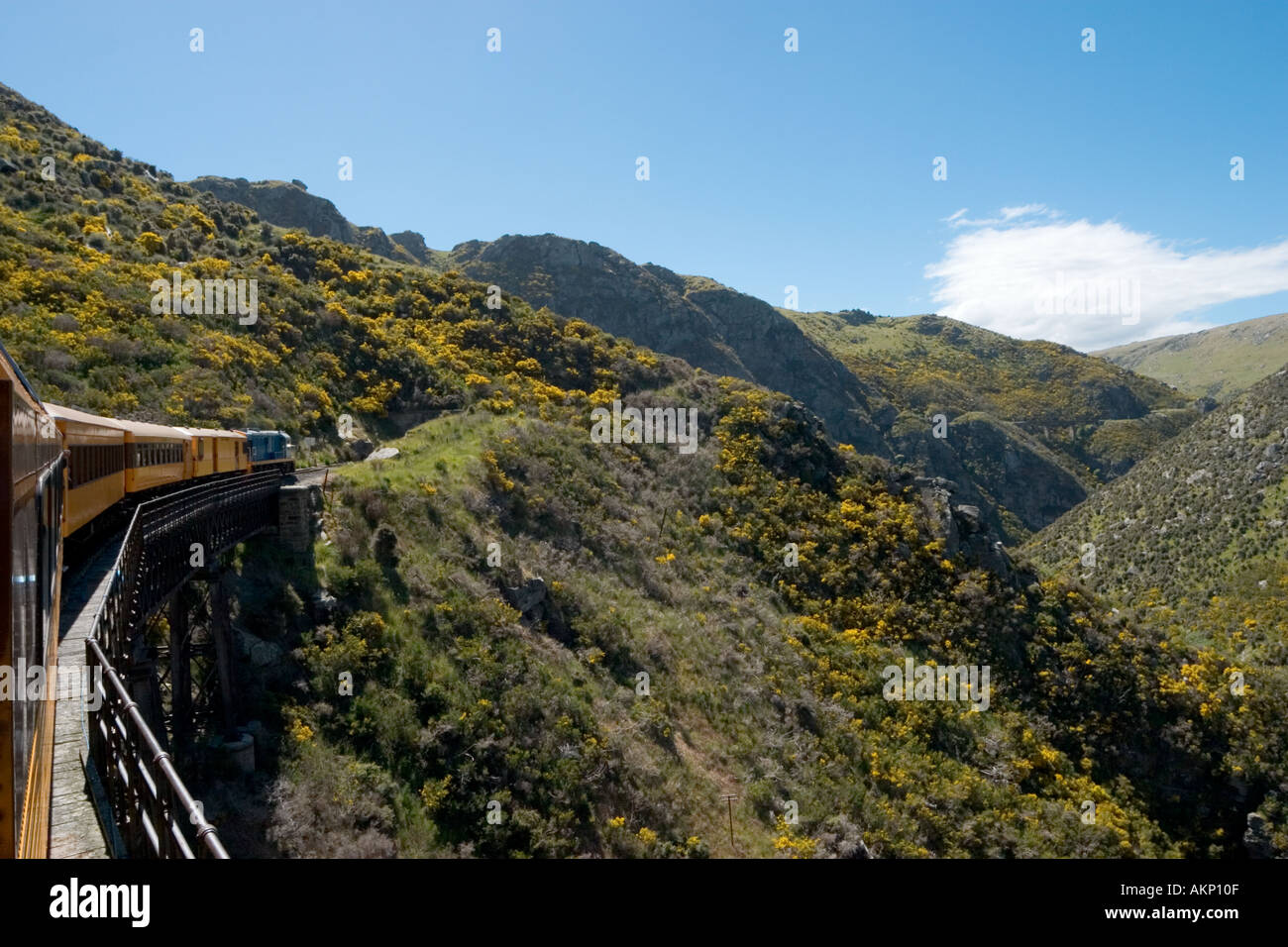 Vue de la traversée d'un viaduc sur le Taieri Gorge Railway de Dunedin, Otago, île du Sud, Nouvelle-Zélande Banque D'Images