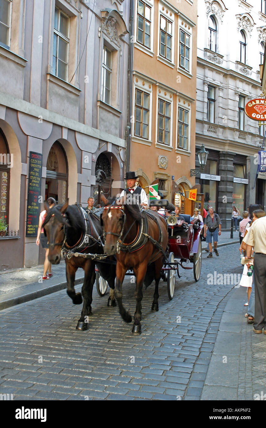 Cheval et panier parcourir les vieilles rues de Prague illustrant les sites et les sons de la sité pour les touristes Banque D'Images