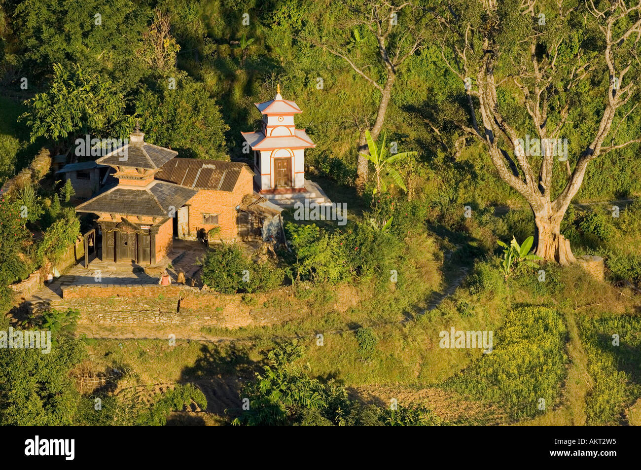 Himalaya Himalaya stupa temple hill paysage de collines paysage forêt bois brouillard sundown Bandipur Népal Asie Banque D'Images