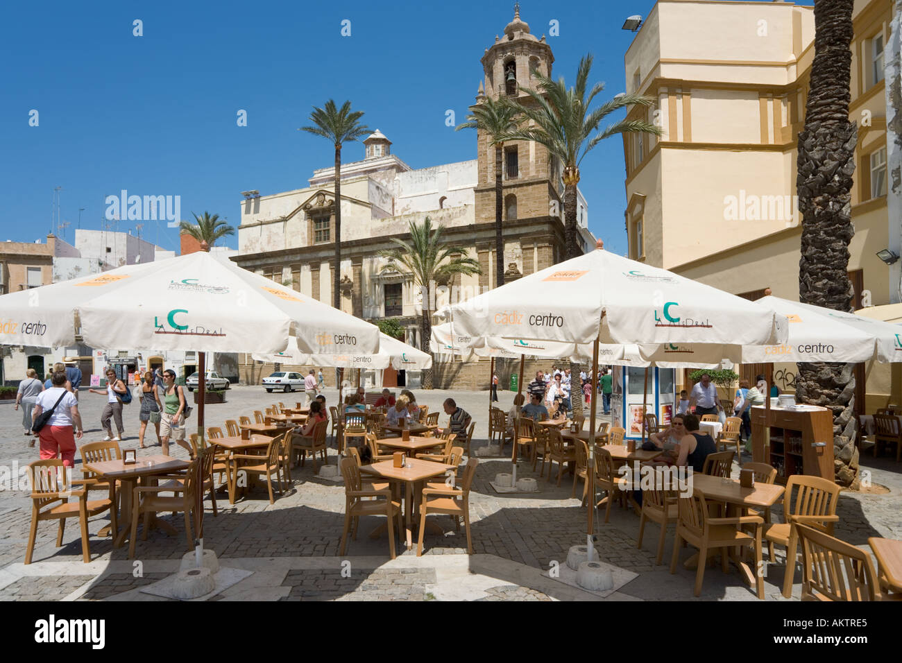 Cafe de la chaussée près de la cathédrale, la Plaza de la Catedral, Vieille Ville, Cadix, Andalousie, Espagne Banque D'Images