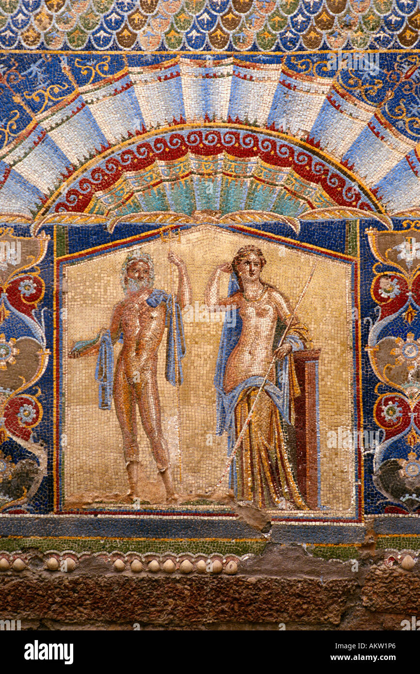 Ercolano. L'Italie. Site archéologique d'Herculanum. Mosaïque représentant Neptune et Amphitrite (aka Neptune et Salacia), dans la Casa di Nettuno e Anfitri Banque D'Images