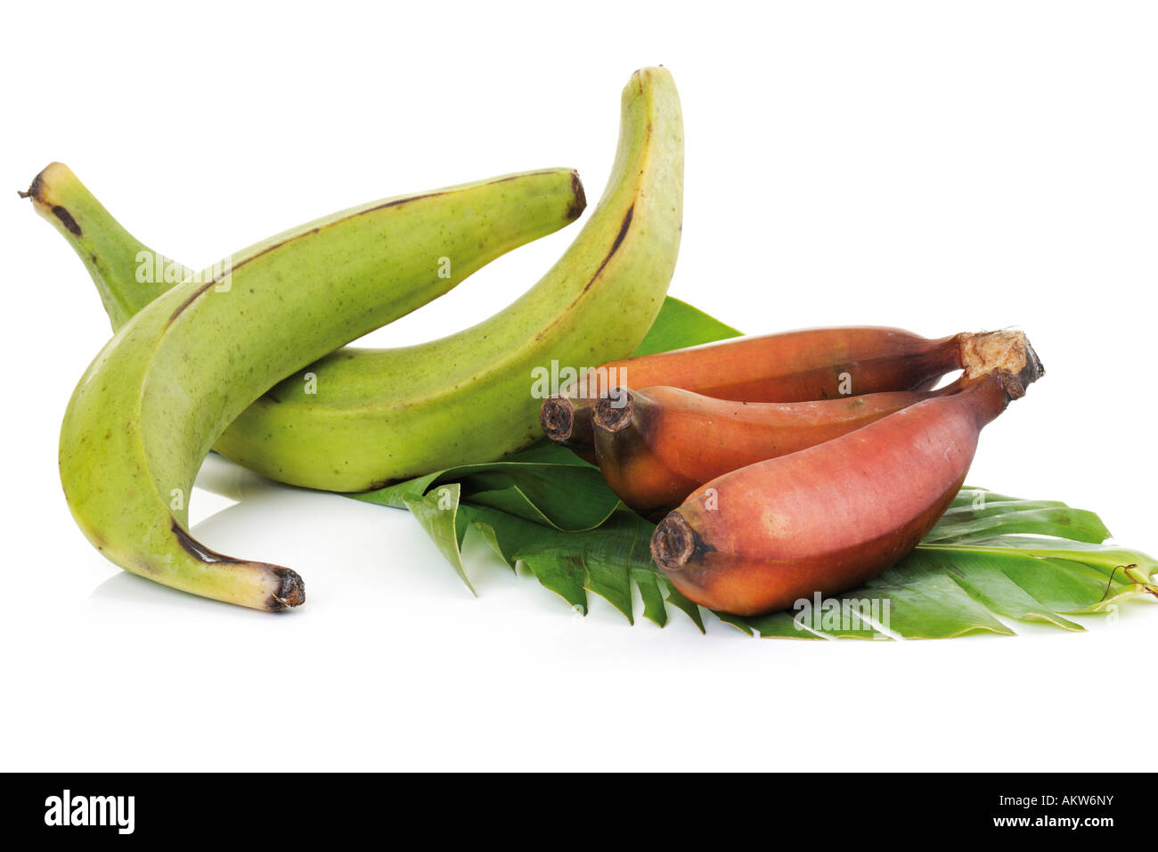 Deux plantains et tas de bananes rouges on leaf, close-up Banque D'Images