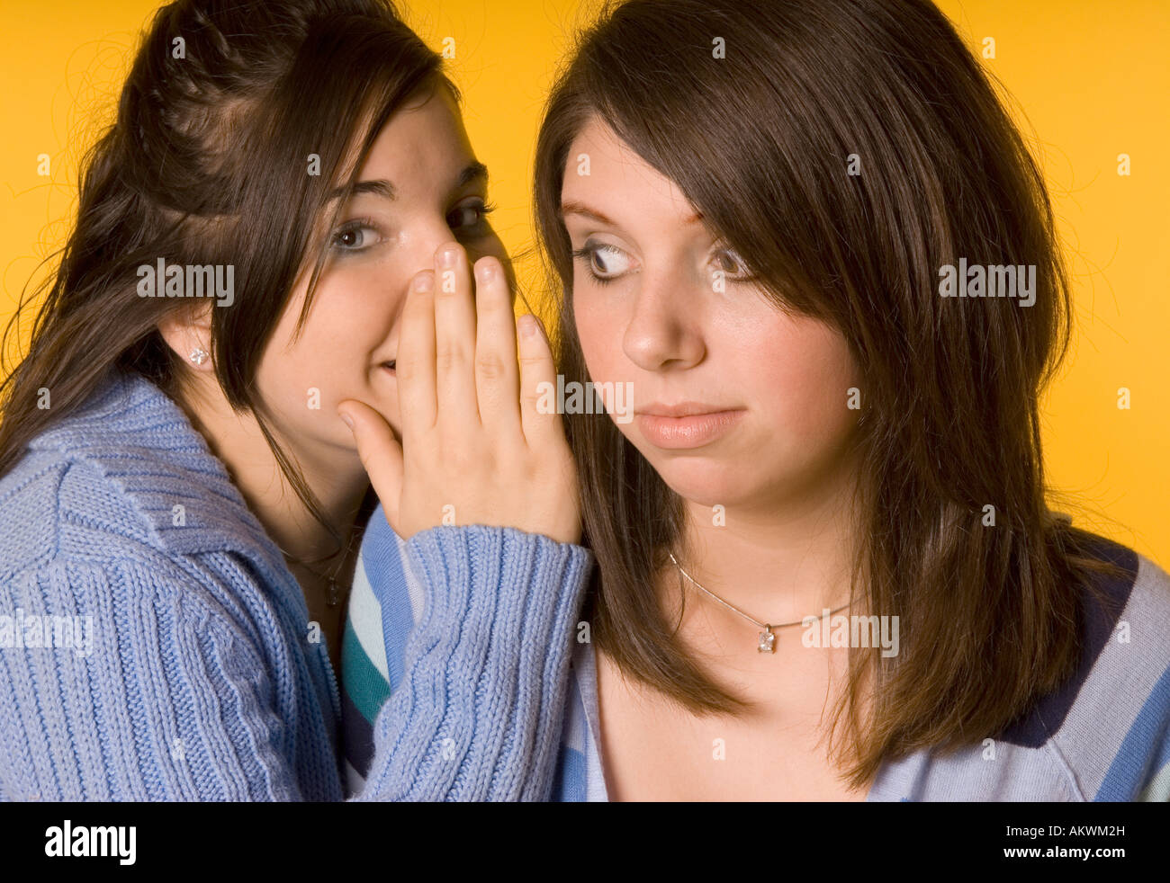 Portrait of Girl (15-17) Whispers choquant secret dans l'oreille de son ami USA Banque D'Images