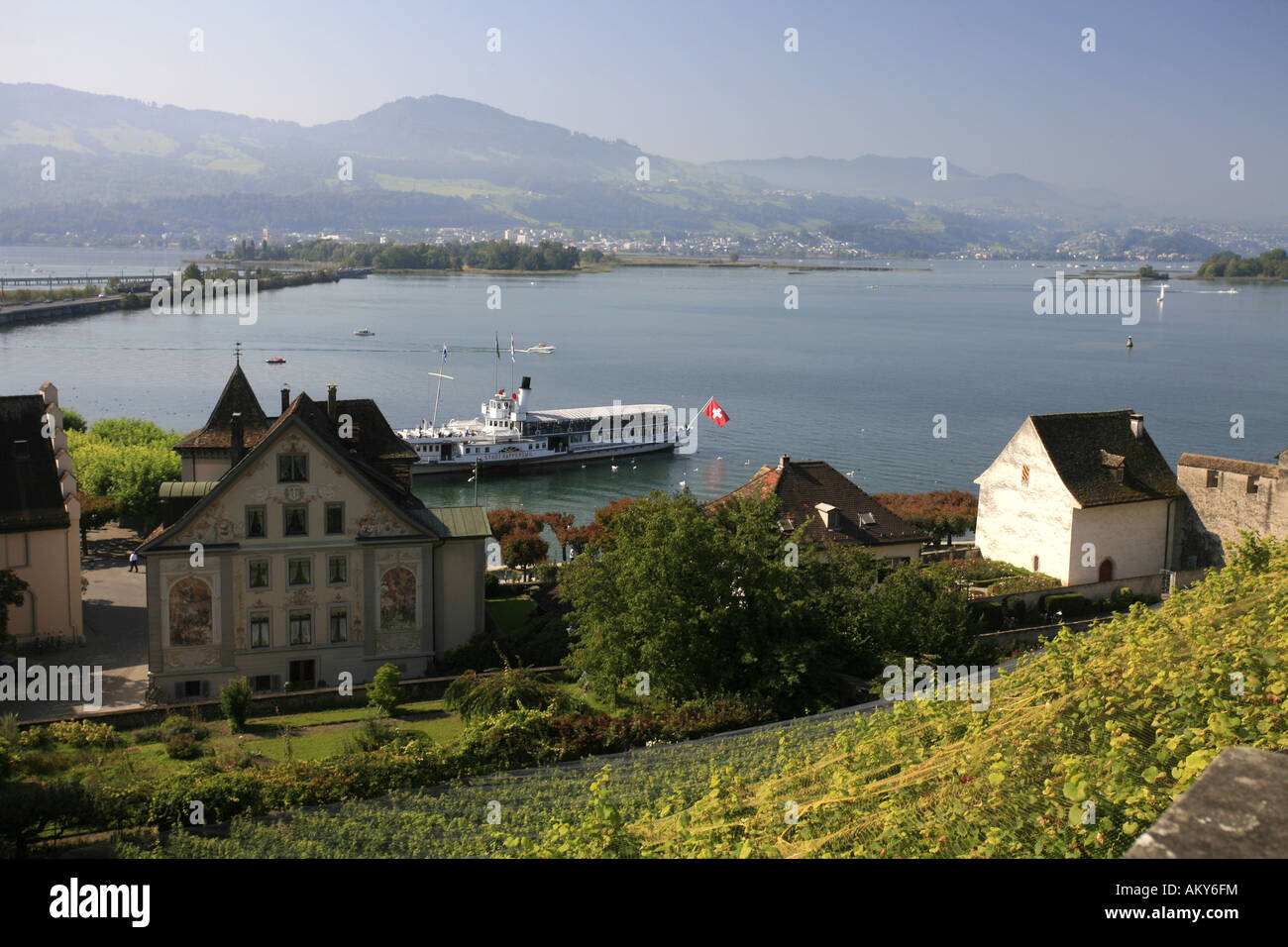 Vue depuis la colline du Château du Lac de Zurich et les îles d'Ufenau et Luetzelau et navires de tourisme dans le port de Rapperswil, S Banque D'Images