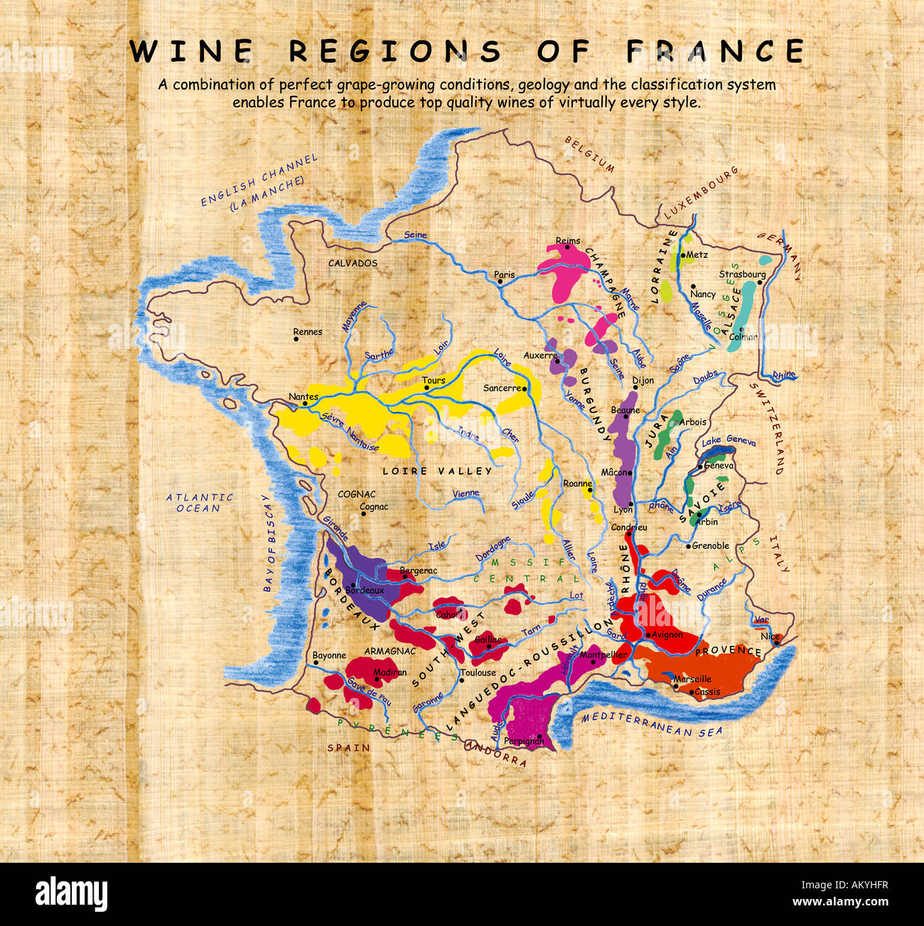 Carte de la régions de Vin de France Banque D'Images