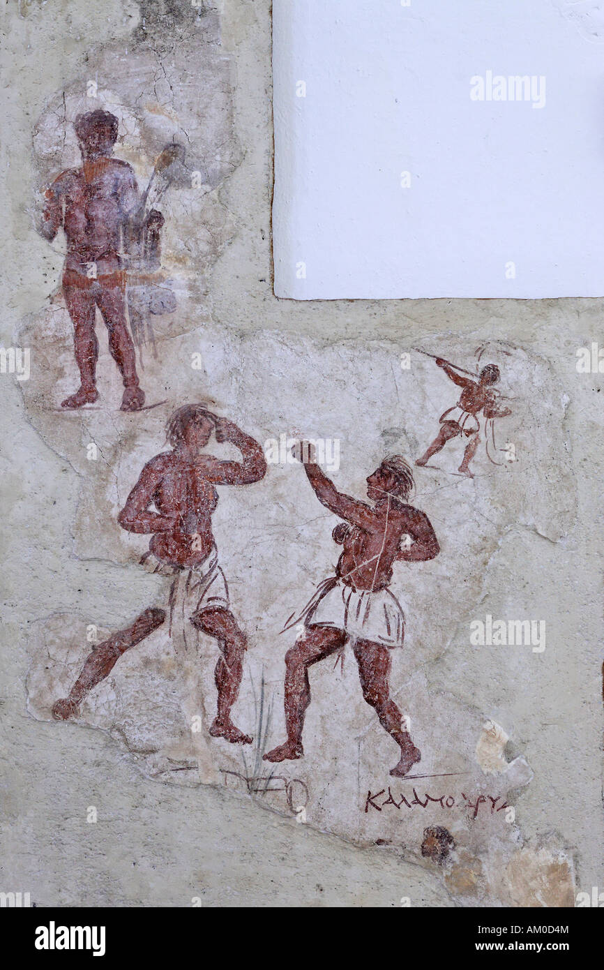 Peinture murale montrant à 100 mg. Museum, Delos, Grèce Banque D'Images