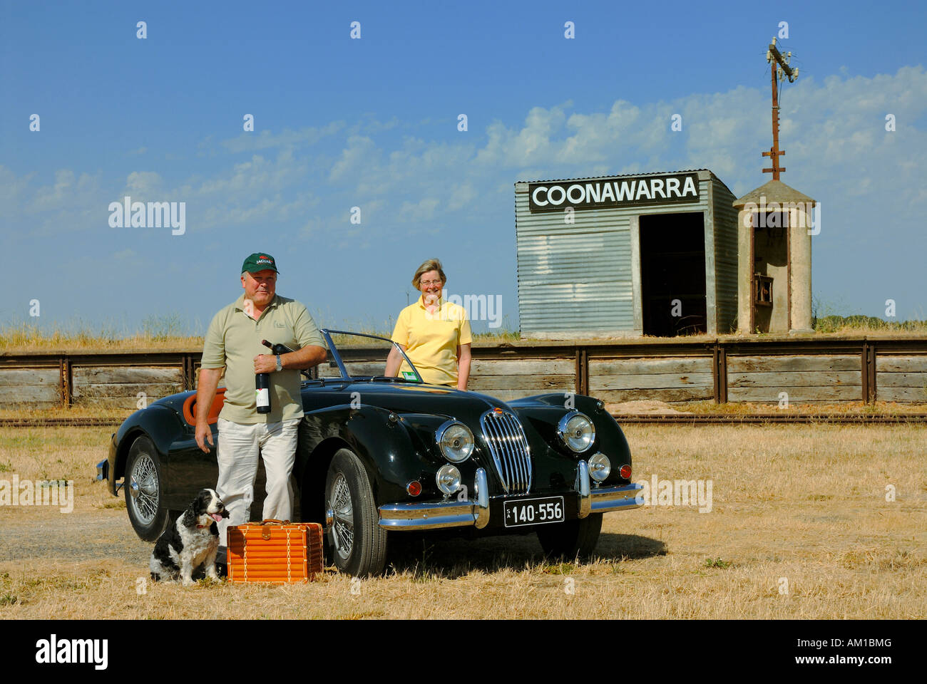 James et Anne Yates, propriétaires du Chardonnay Lodge avec les Jaguar XK 140, construit en 1954, Coonawarra, Australie-Méridionale, Austr Banque D'Images