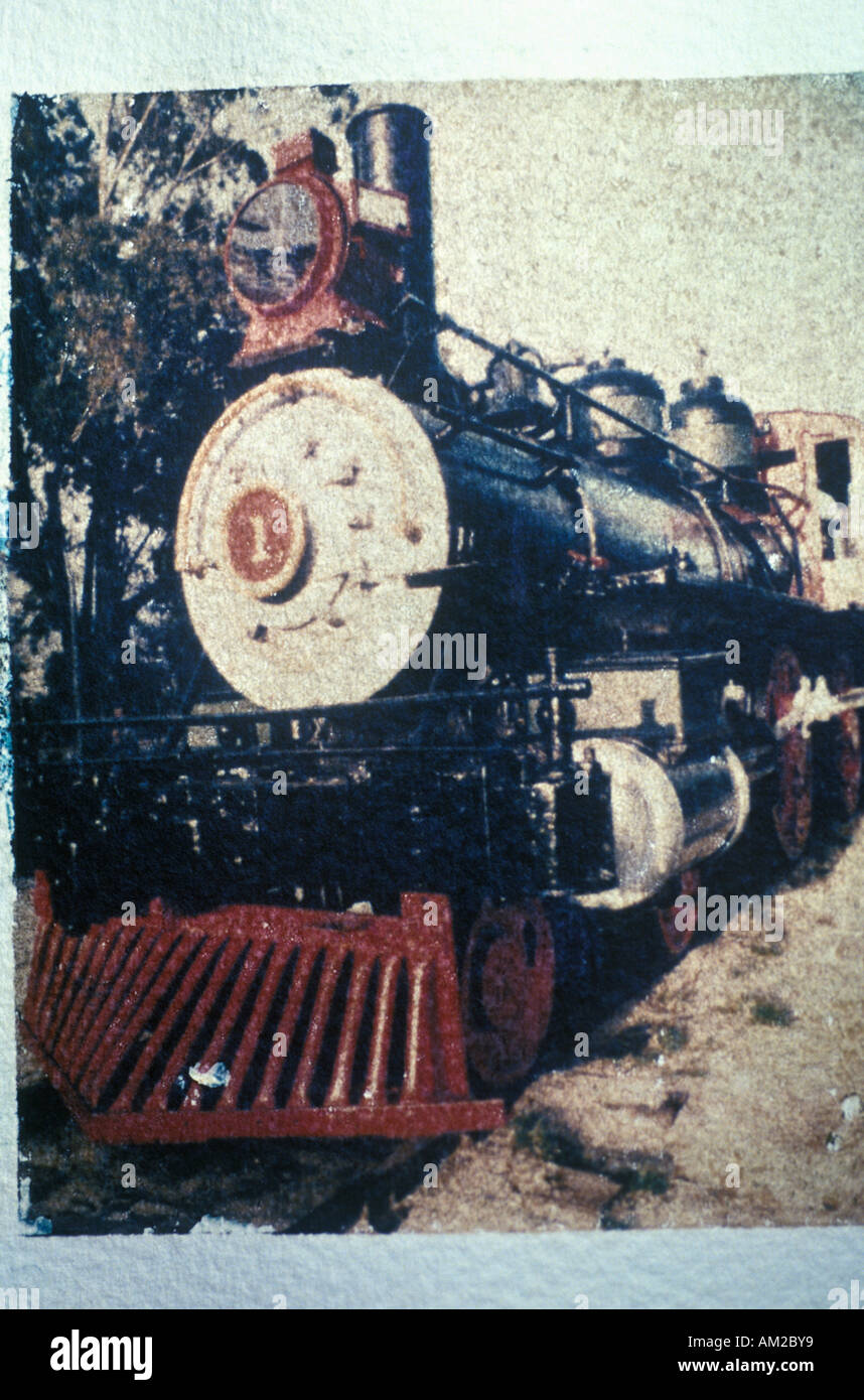 Image style ancien d'une ancienne locomotive à vapeur sur la pièce au Musée des Transports de la ville de voyage Los Angeles Banque D'Images