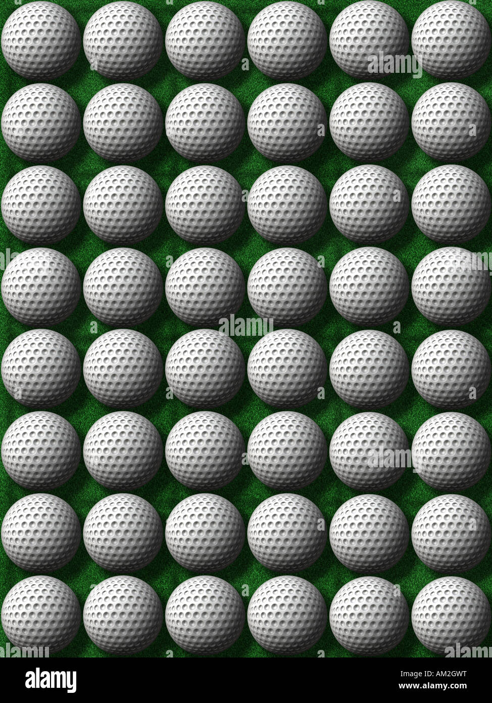 Des tas de balles de golf sur un fond d'herbe verte Banque D'Images