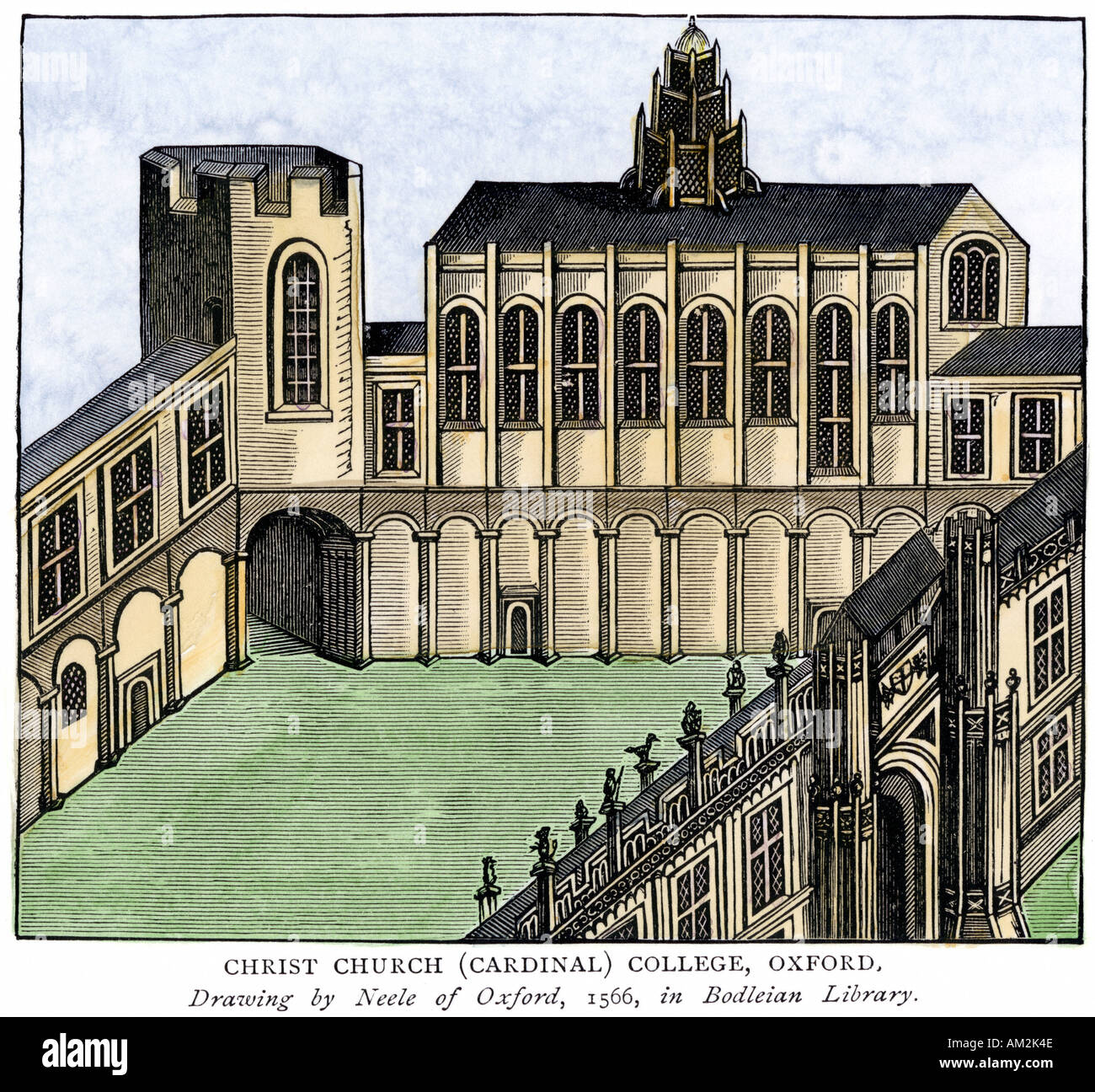 Le Cardinal Christ Church College Oxford University 1566. À la main, gravure sur bois Banque D'Images