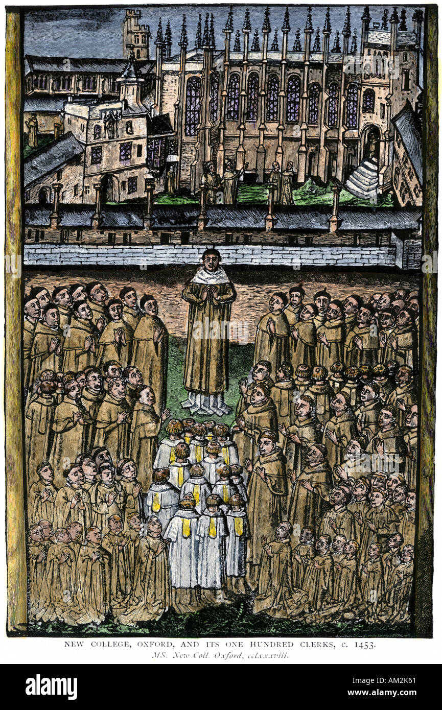 New College d'Oxford et ses cent clercs vers 1453. À la main, gravure sur bois Banque D'Images