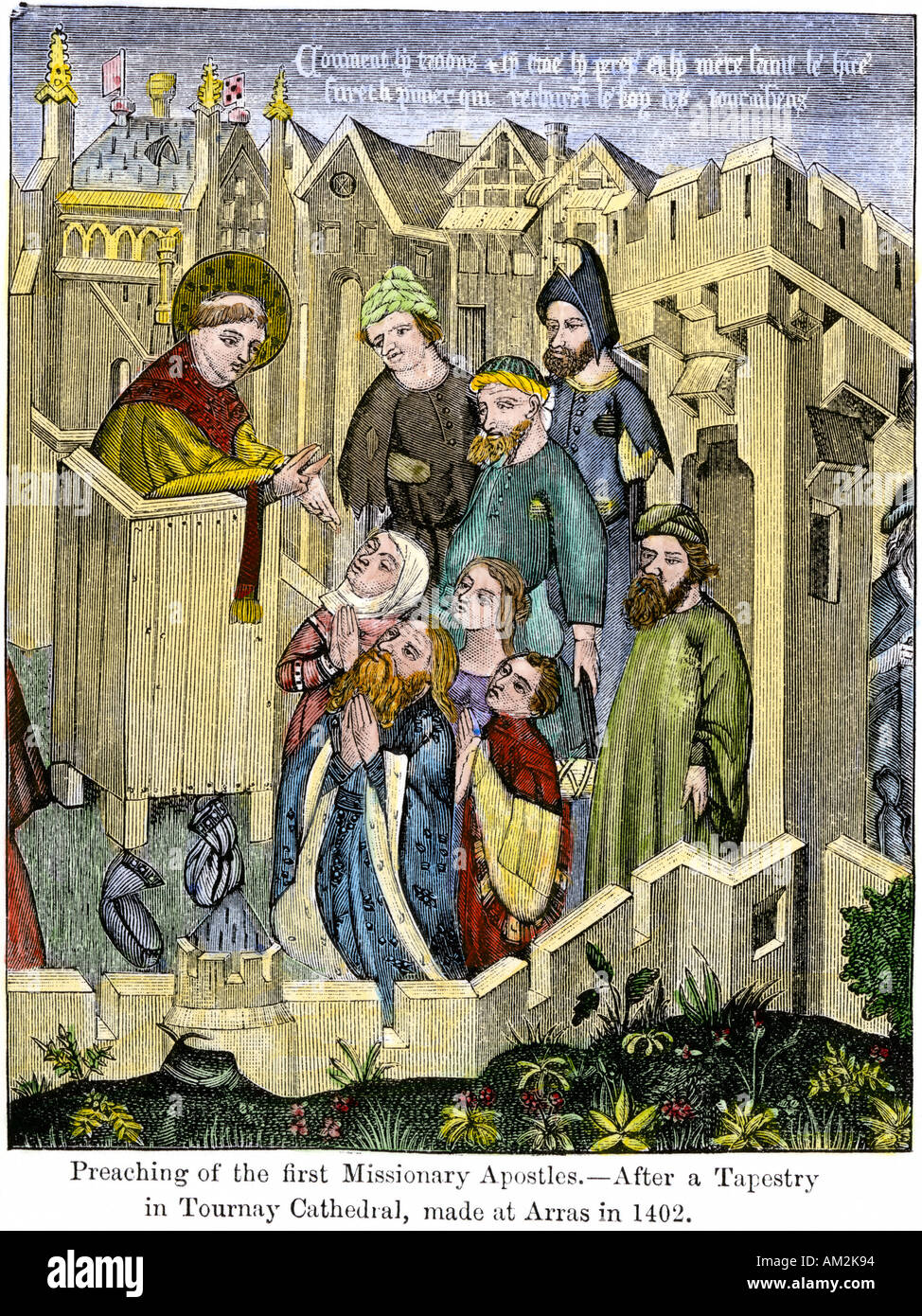La prédication des premiers Apôtres missionnaires comme représenté dans une tapisserie de 1402. À la main, gravure sur bois Banque D'Images
