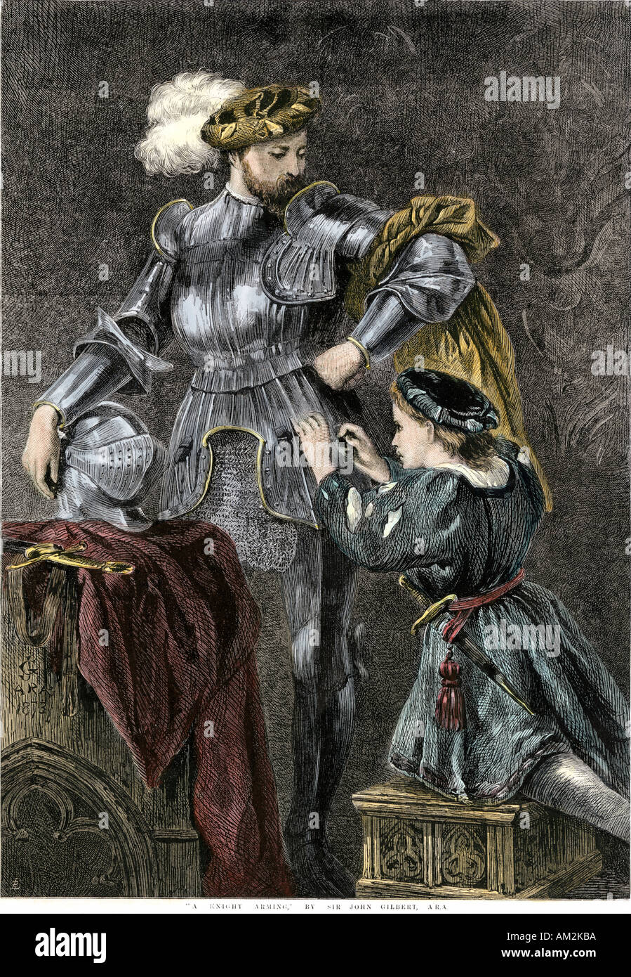 Knight d'être habillés en armure. À la main, gravure sur bois, d'une peinture de John Gilbert Banque D'Images