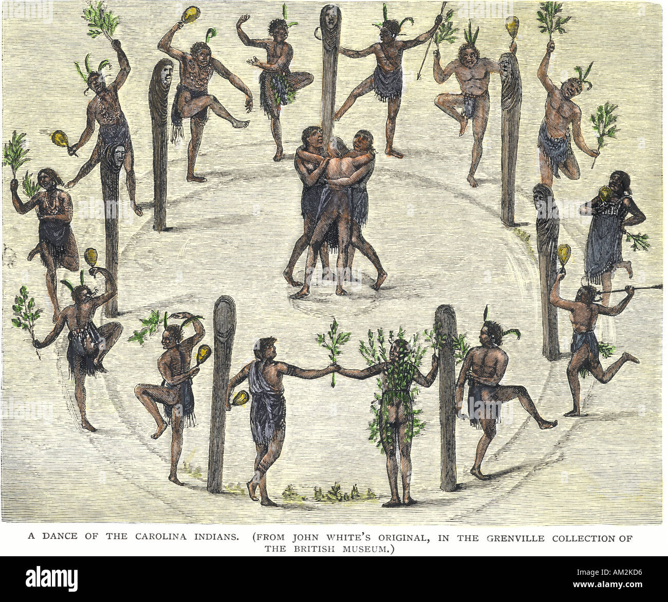 La danse de cérémonie de la Caroline du Nord Américains autochtones 1500s. À la main, gravure sur bois, d'un John White illustration Banque D'Images