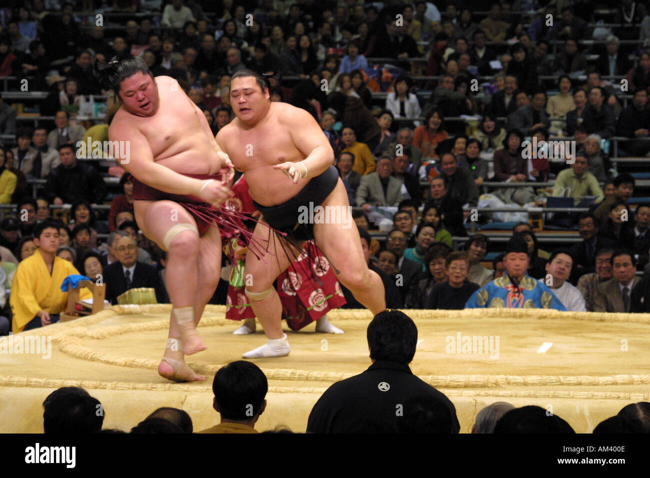 Point de victoire pour un lutteur de sumo au tournoi de sumo Printemps à Osaka, Japon Japonais populaire sport de spectateur, l'Asie Banque D'Images