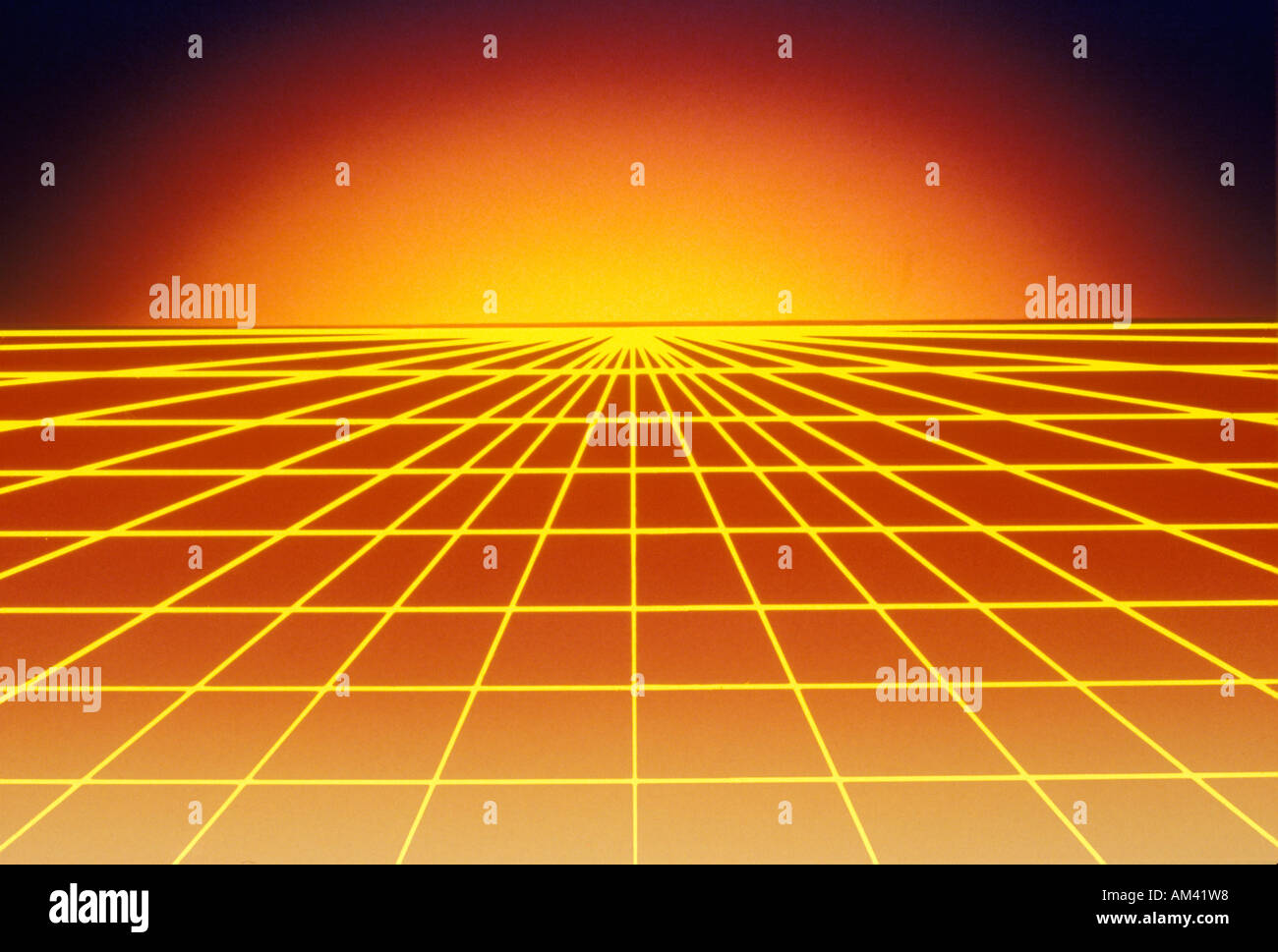 Des effets spéciaux de l'espace grille Jaune sur rouge matrice s'étendant jusqu'à une surface horizon rougeoyant Banque D'Images