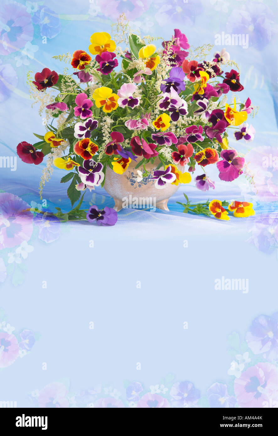 Studio Vertical coloré bouquet arrangé bouquet de fleurs de printemps fleurs pensées dans un panier sur un fond bleu pastel Banque D'Images