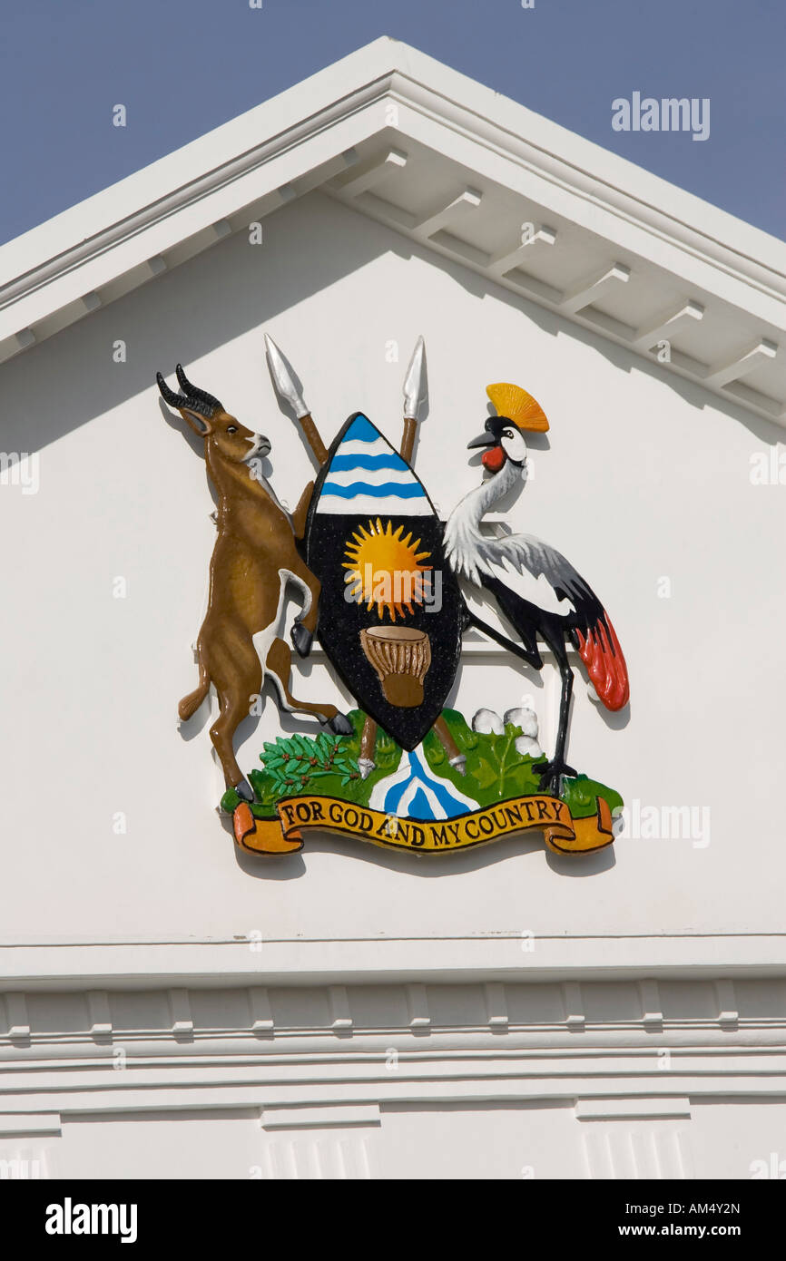 Emblème de l'État ougandais avec moto sur l'avant de l'élection présidentielle State House à Entebbe en Ouganda Banque D'Images