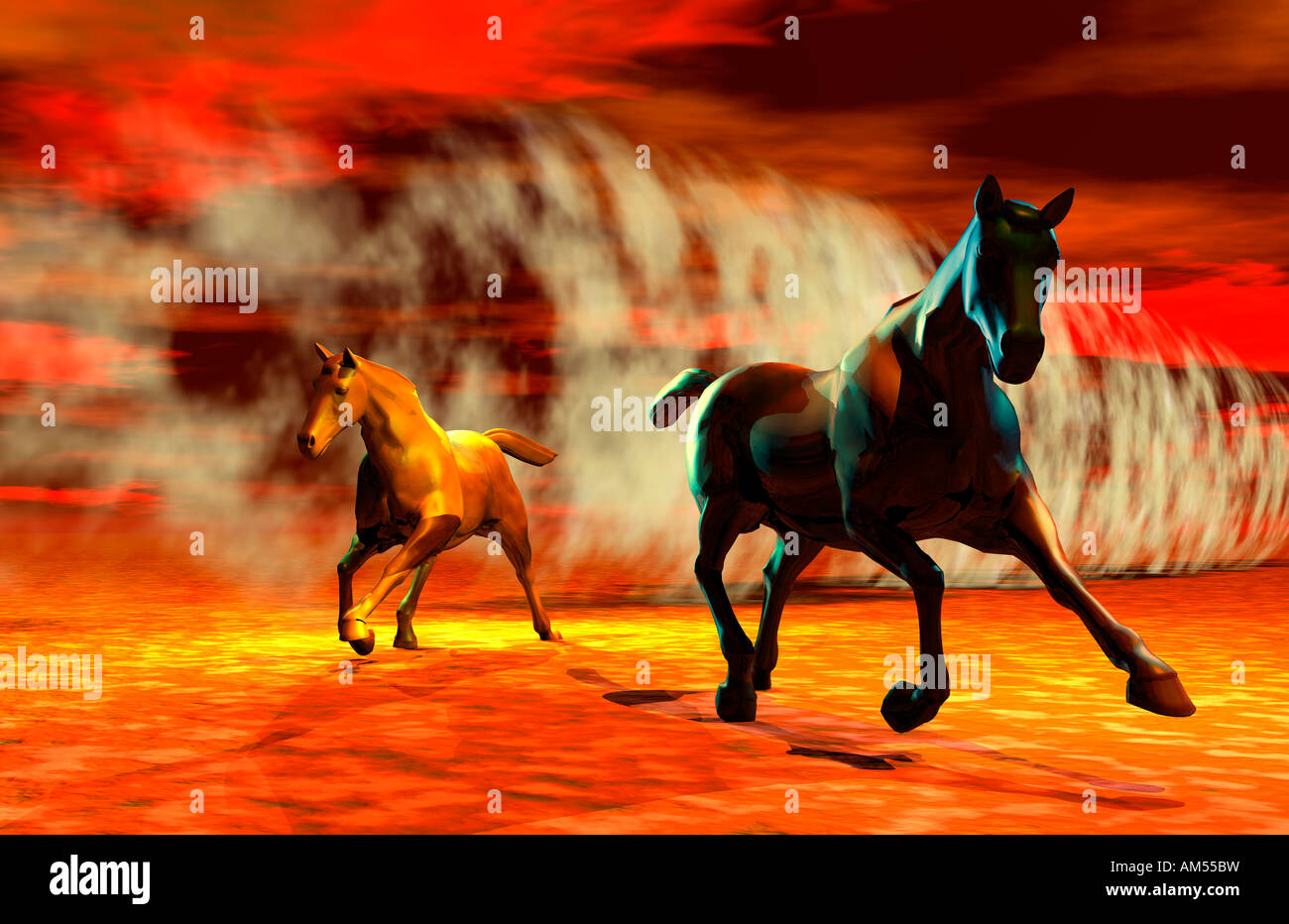 Un 3D Illustration conceptuelle de chevaux Outrunning une tempête de poussière. Banque D'Images