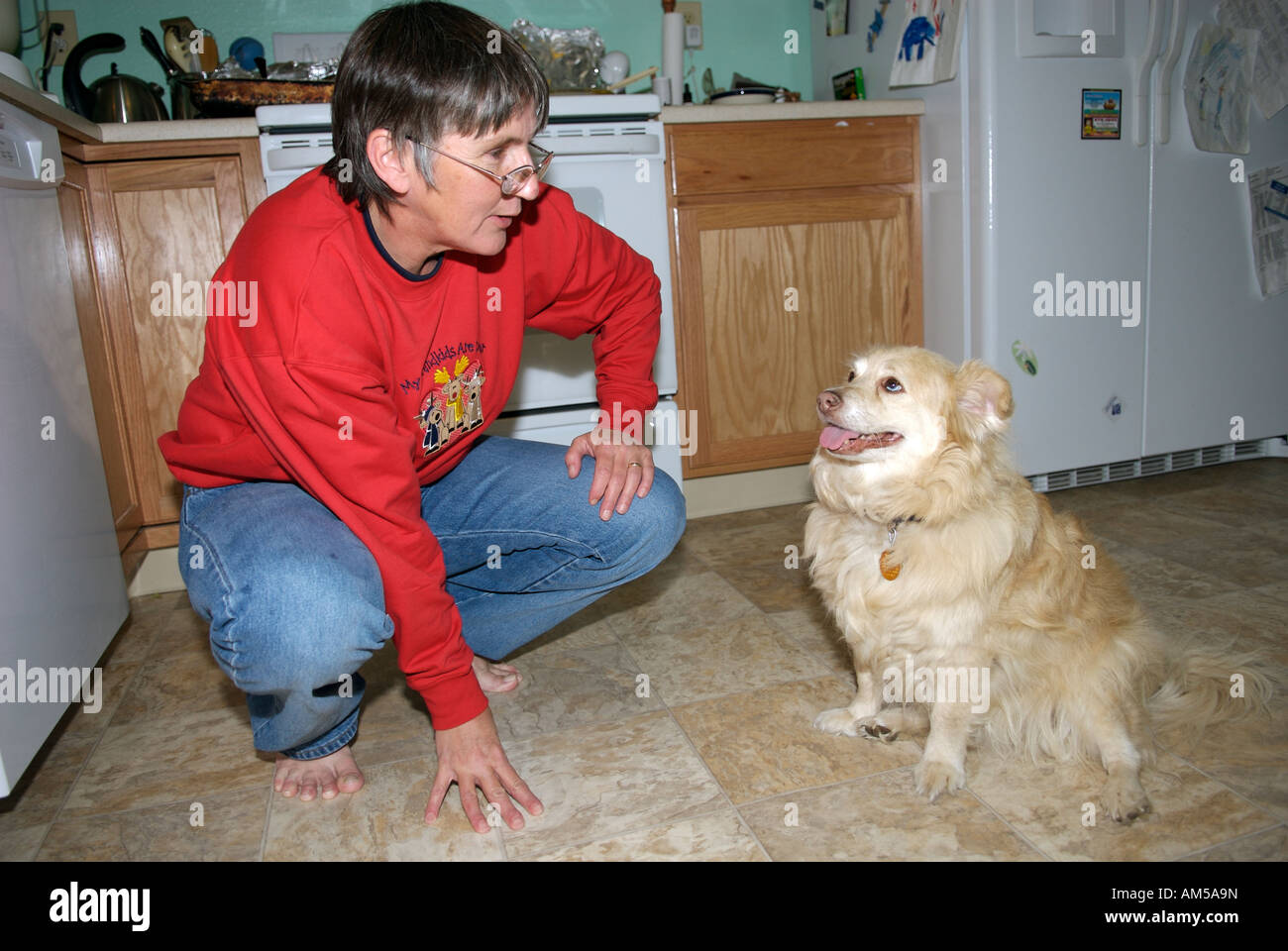 Une femme dans une cuisine avec son chien esquimau américain. Banque D'Images