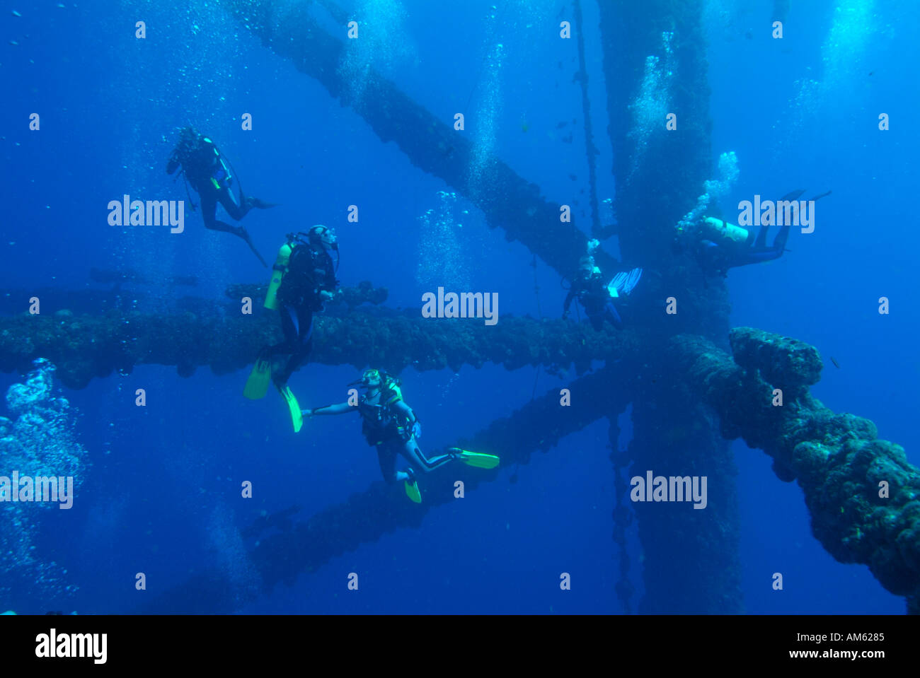 Cinq plongeurs autour d'une plate-forme pétrolière dans le golfe du Mexique, au large de New York Banque D'Images