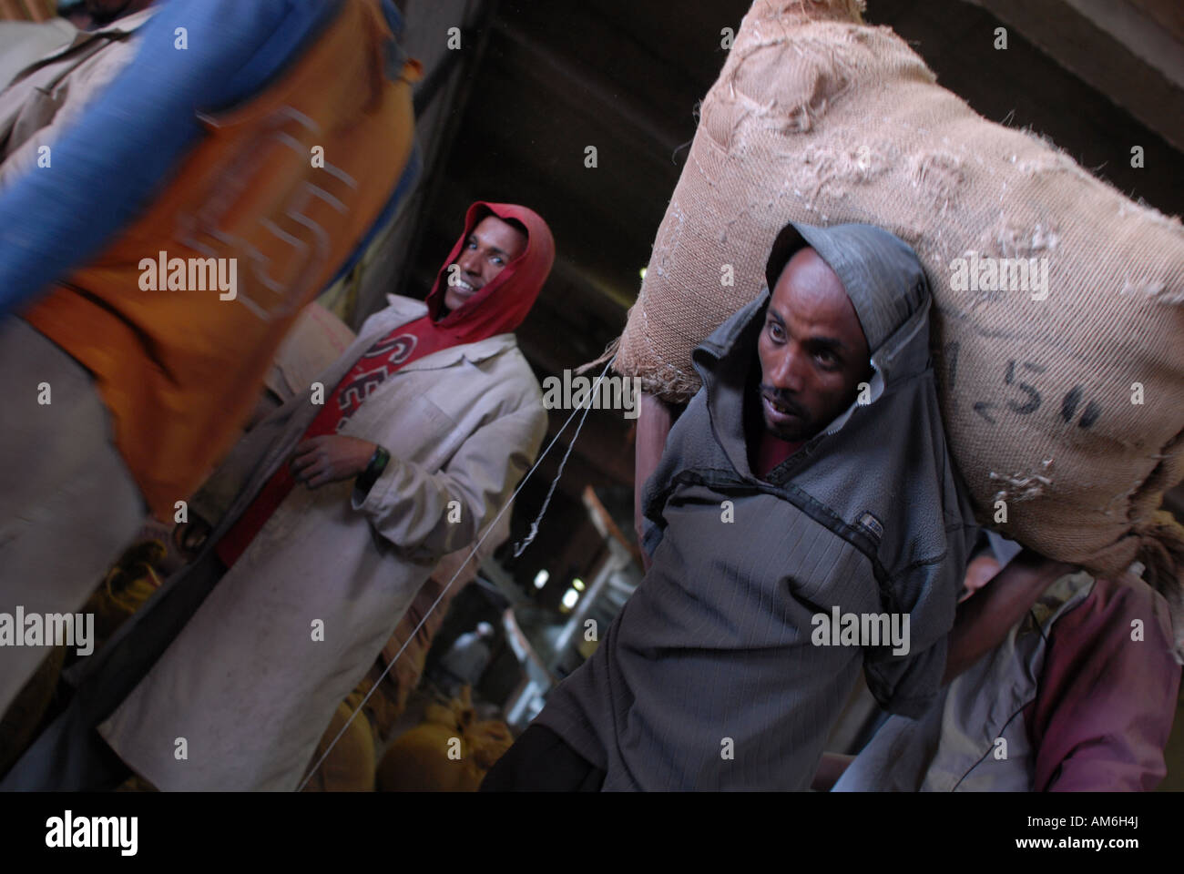 Hommes éthiopiens transportant des sacs de 60kg de café à l'entrepôt central à Addis Ababa, Ethiopie Banque D'Images