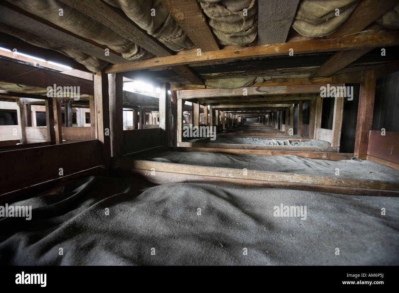 Majdanek Camp de la mort. 500 à 800 prisonniers dormaient dans des casernes à l'origine conçu pour abriter 52 stalles de chevaux. Banque D'Images