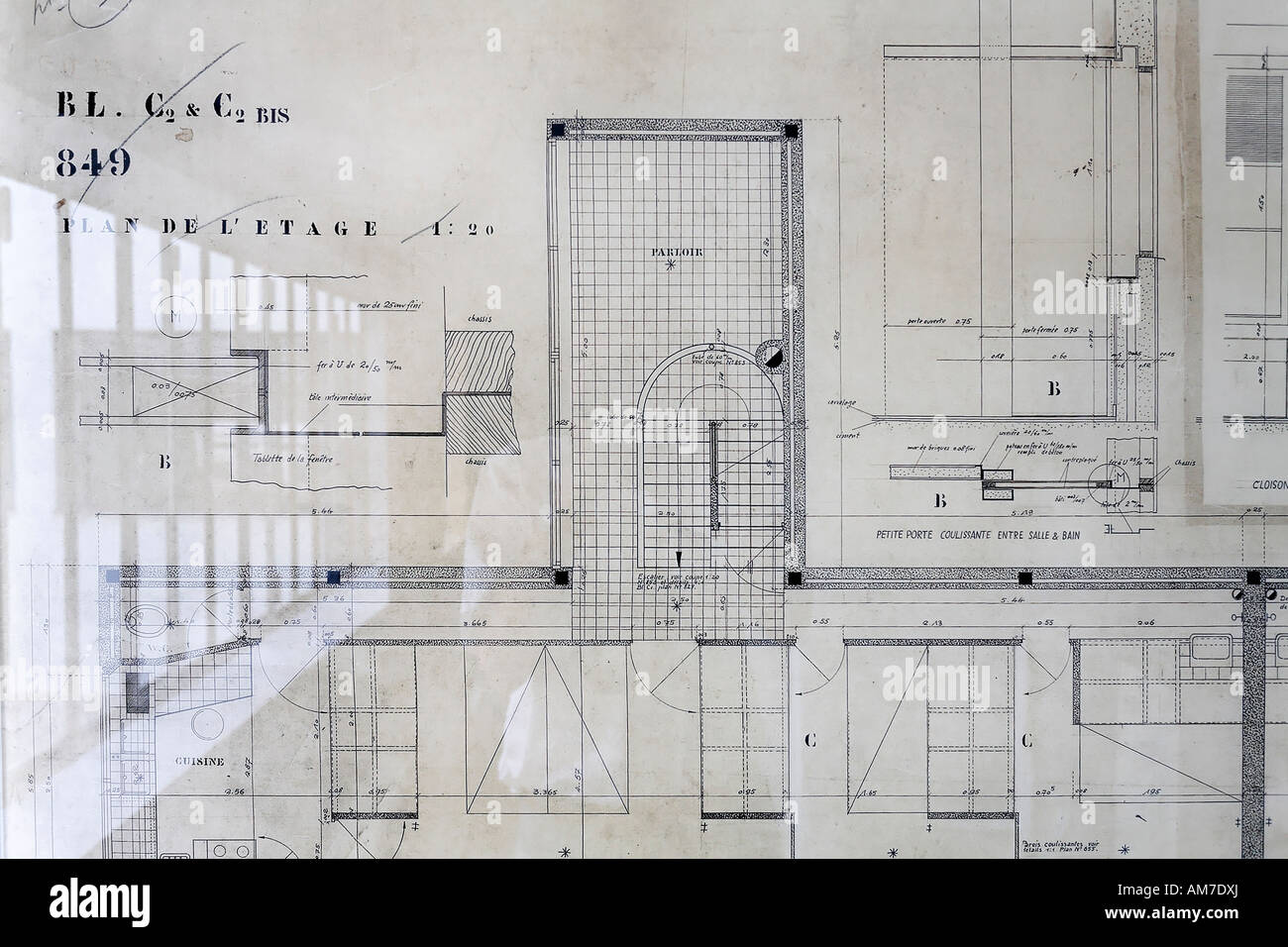 Maison le Corbusier de 1927, plan d'architecte original de l'étage supérieur, Musée Weissenhof, Stuttgart, Baden-Wuerttemberg, G Banque D'Images