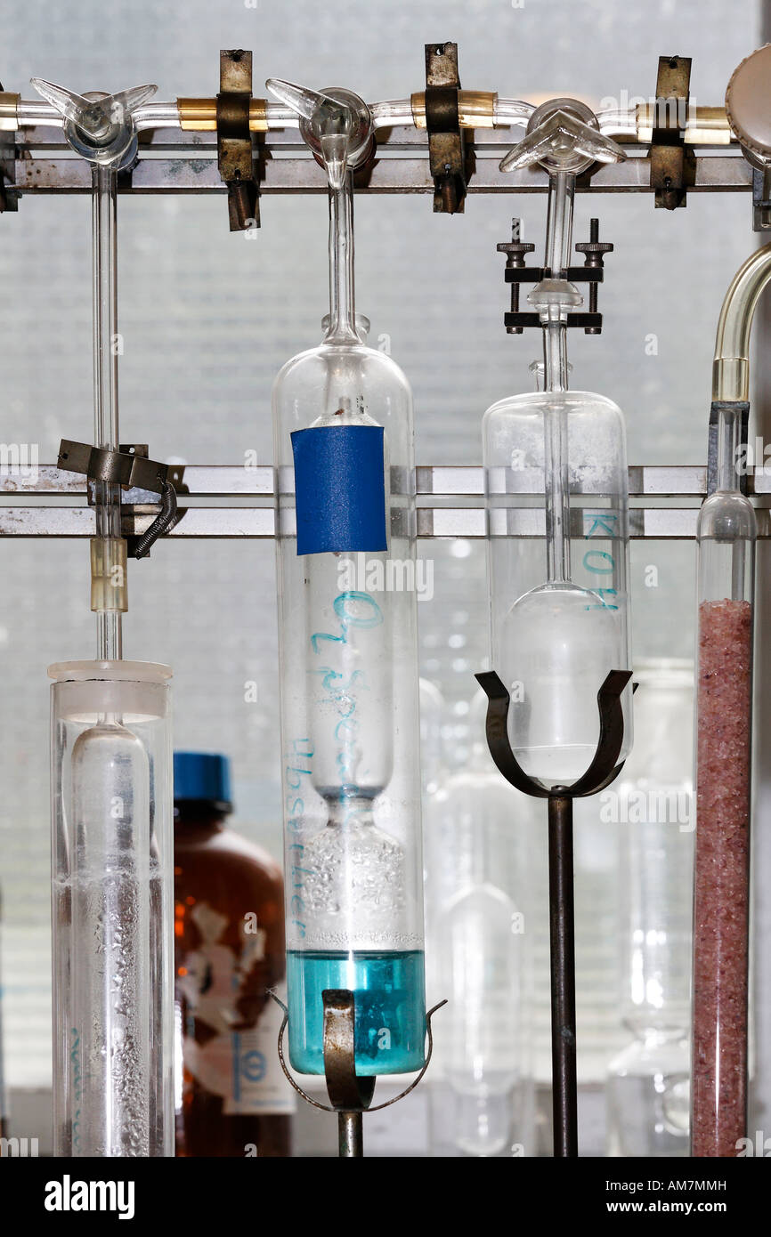 Equipement d'essai de gaz, laboratoire chimique à l'ironneries de Henichtshuette, musée industriel, Hattingen, NRW, Allemagne Banque D'Images