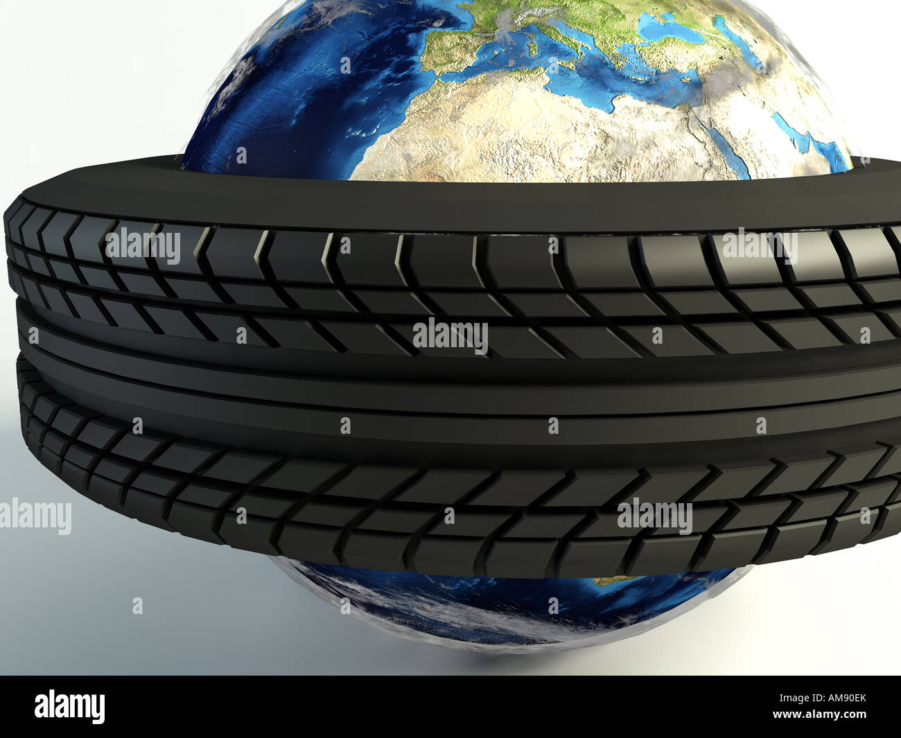 Gros plan du nouveau pneu autour du monde sur un fond blanc Banque D'Images