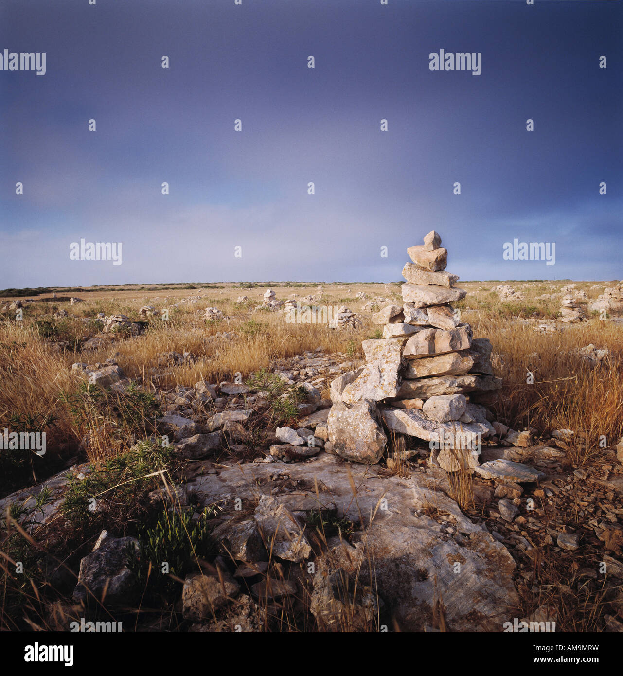 Petite pyramide de roches dans une pelouse. Banque D'Images