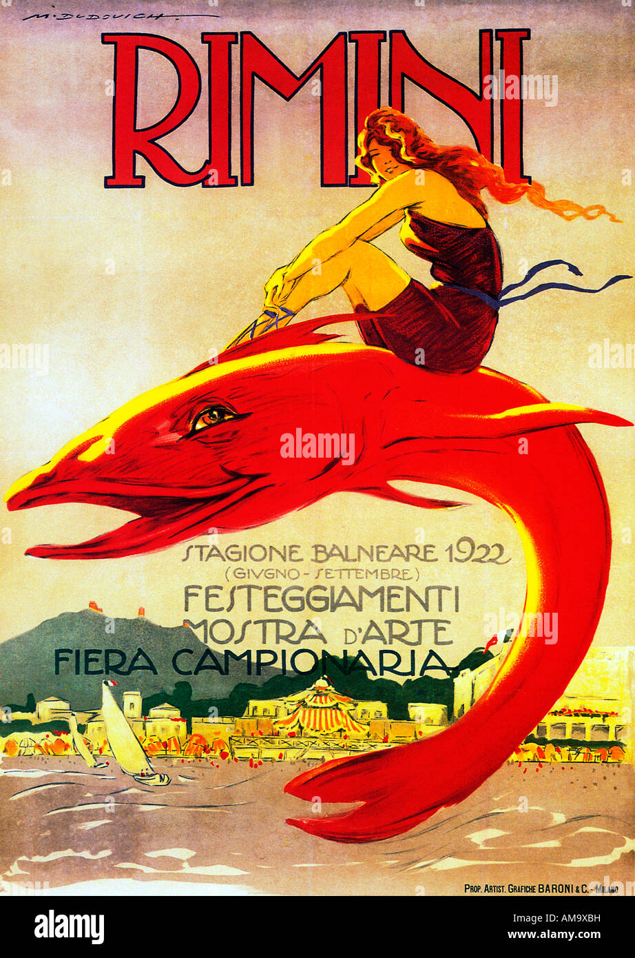 Rimini 1922 affiche pour la station balnéaire italienne de l'été plaisirs de la saison de baignade et festival Banque D'Images
