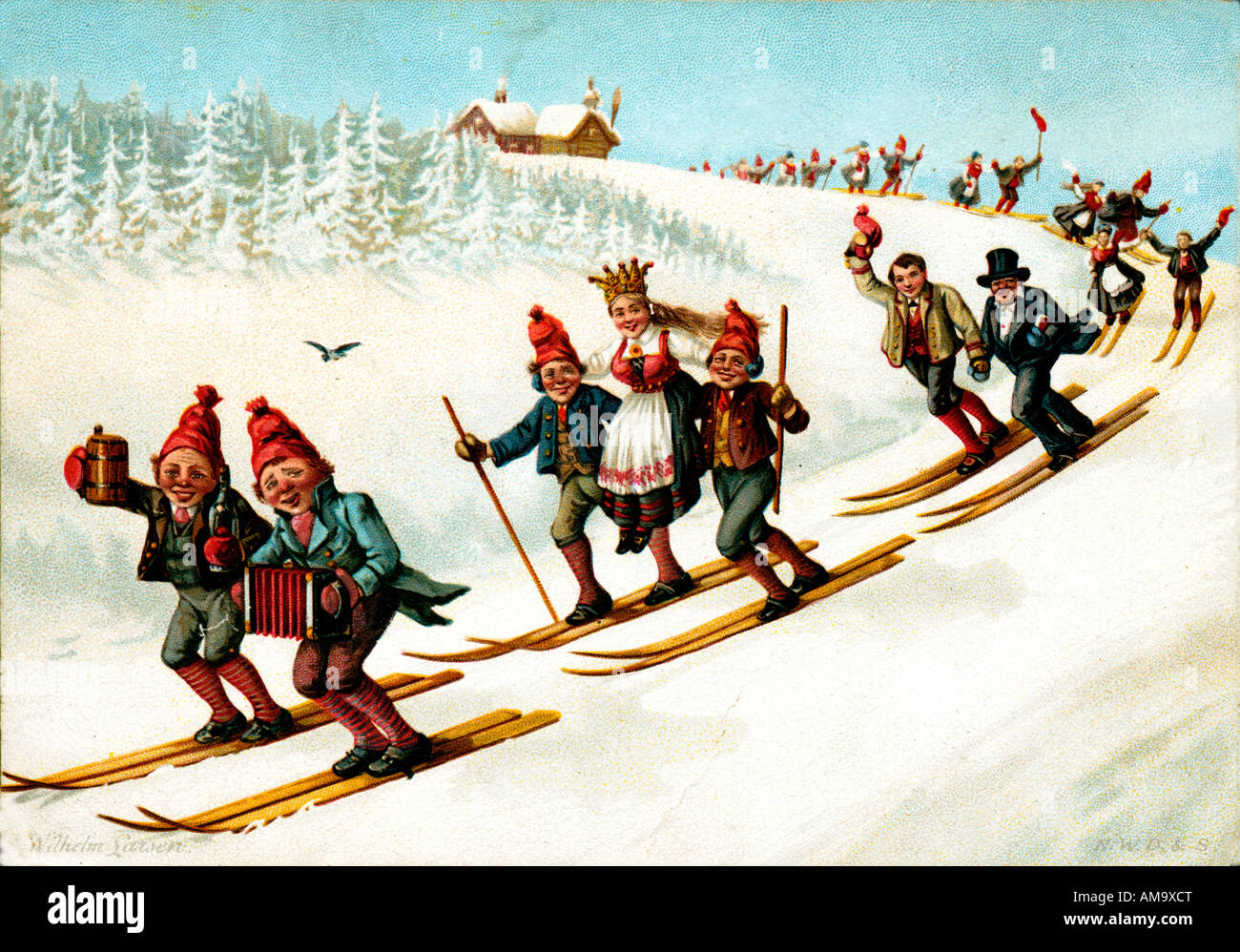 Carte postale suisse de ski 1893 illustration montrant les joies de la vie dans les Alpes et de plaisir avec les sports d'hiver Banque D'Images