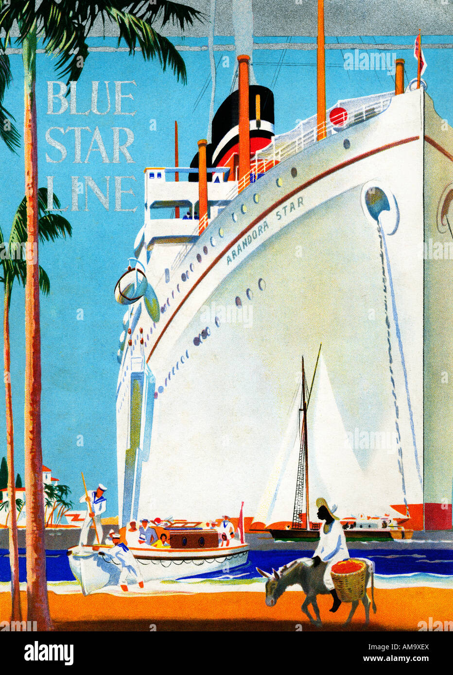 Blue Star Line Arandora Star 1929 affiche pour le Cruise line montrant l'infortuné navire en climats tropicaux Banque D'Images