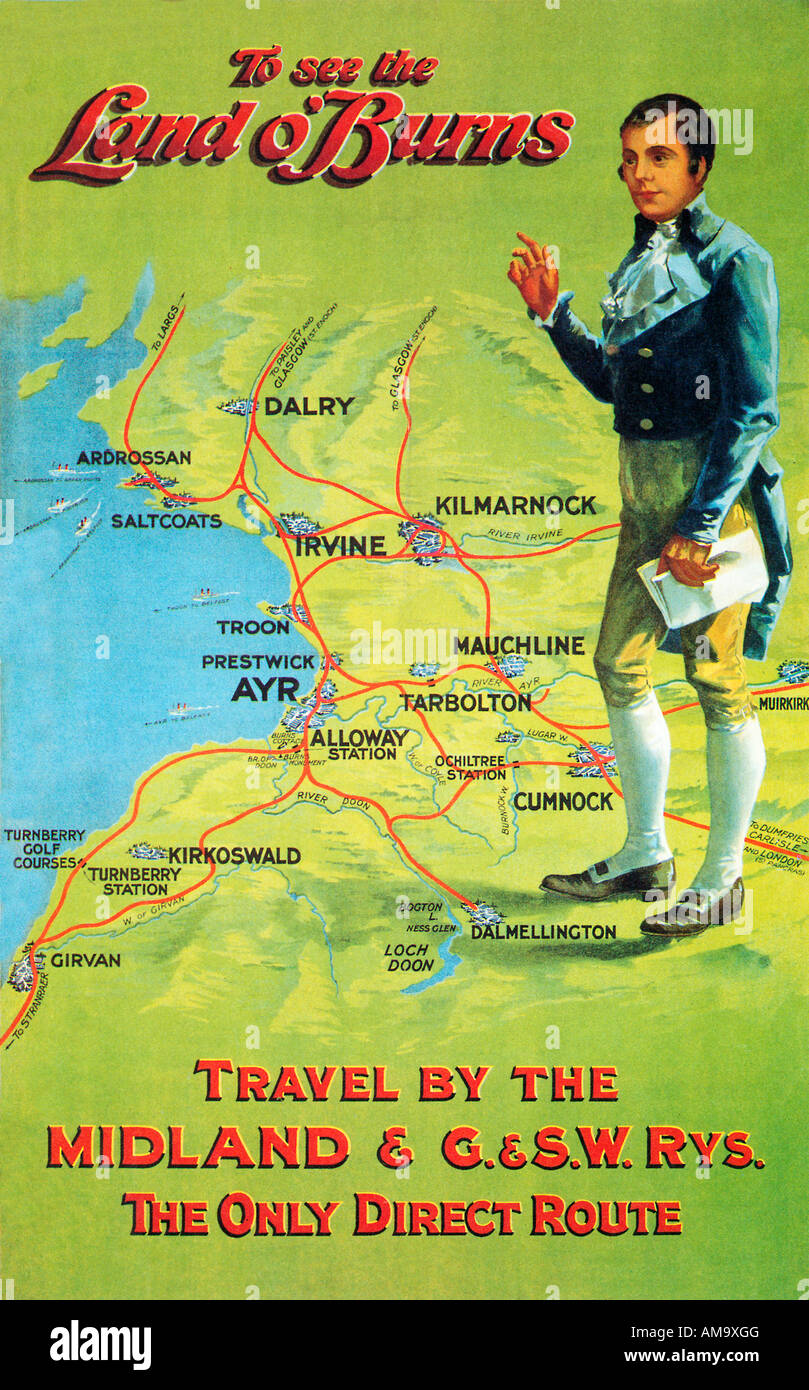 La terre O Burns Edwardian railway poster pour le service d'Ayrshire et le berceau de la barde national d'Écosse Banque D'Images