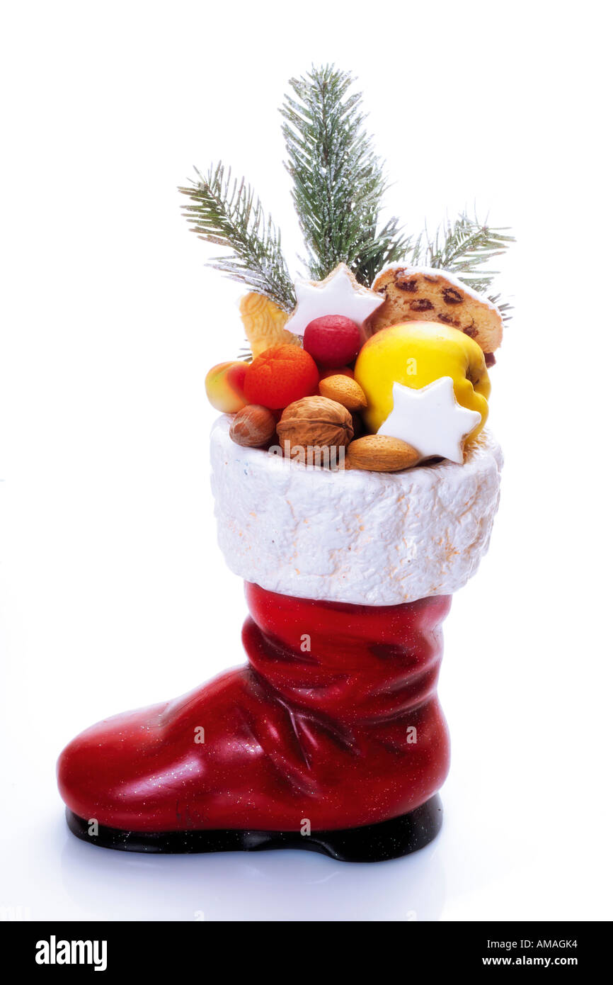 Santa Claus boot plein de fruits, close-up Banque D'Images