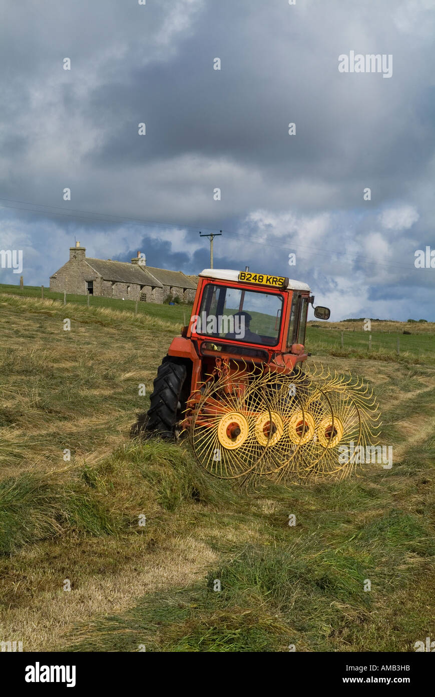 dh MOISSONNAGE tracteur agricole du Royaume-Uni épandage d'ensilage Orkney épandage en herbe sèche machine agricole râtelage du foin coupe de l'écosse Banque D'Images