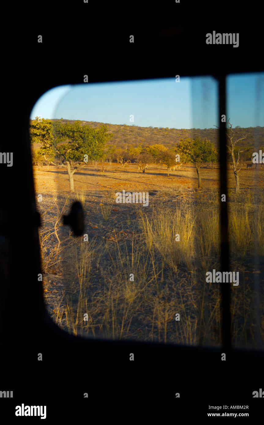 Vue à travers une fenêtre sur safari, Namibie, Afrique du Sud Banque D'Images