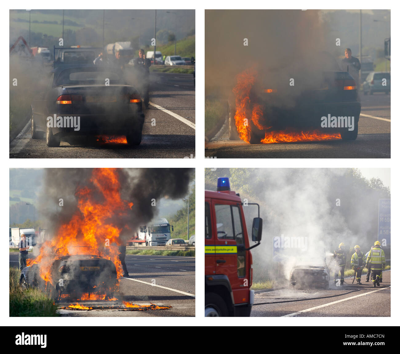 Quatre PHOTO SÉQUENCE DE VOITURE EN FLAMMES SUR L'AUTOROUTE Banque D'Images