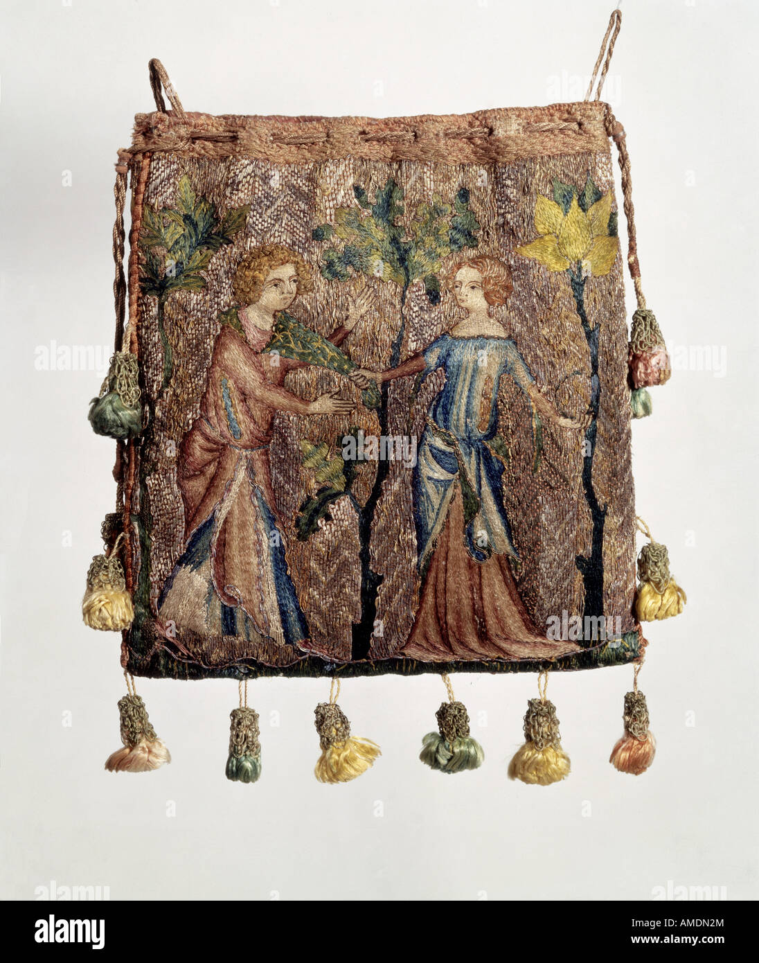 Beaux-arts, textiles, sac avec scène d'amour courtois, vers 1320, la broderie de soie, lin, Musée des beaux arts et le commerce, Hambourg, Allemagne, l'artiste n'a pas d'auteur pour être effacé Banque D'Images