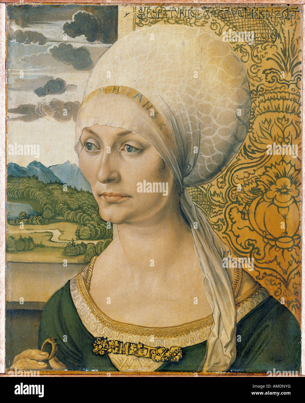 Beaux-arts, Dürer, Albrecht, (21.5.1471 - 6.4.1528), peinture, 'Bildnis der Elisabeth Tucher', 'Portrait d'Elisabeth Tucher', 1499, bois, 29 cm x 23,3 cm, musée d'état, Kassel, Allemagne, l'artiste n'a pas d'auteur pour être effacé Banque D'Images